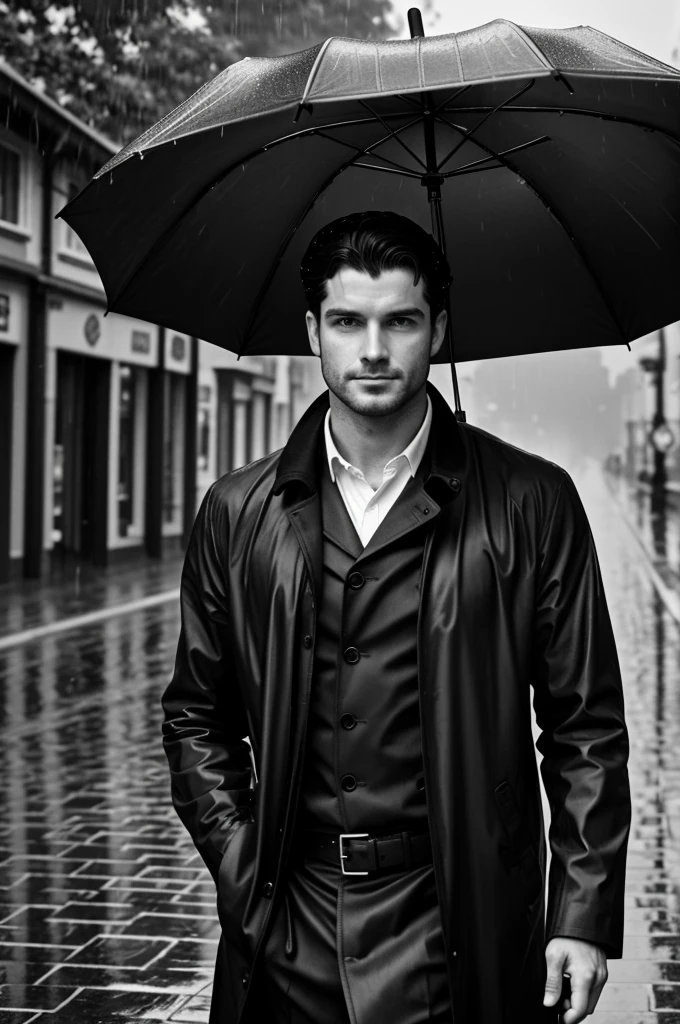 A black and white image of a man holding an umbrella in the rain 