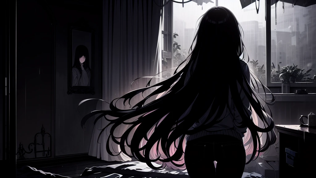 Back view, colorful, (best quality, ultra-high resolution, depth of field:1.2), 1woman, (gothic), (long black hair), cozy sweater, hoodie, black soggy pants, (dimly lit room:1.2), gloomy, (somber atmosphere:1.3), cloudy, raining