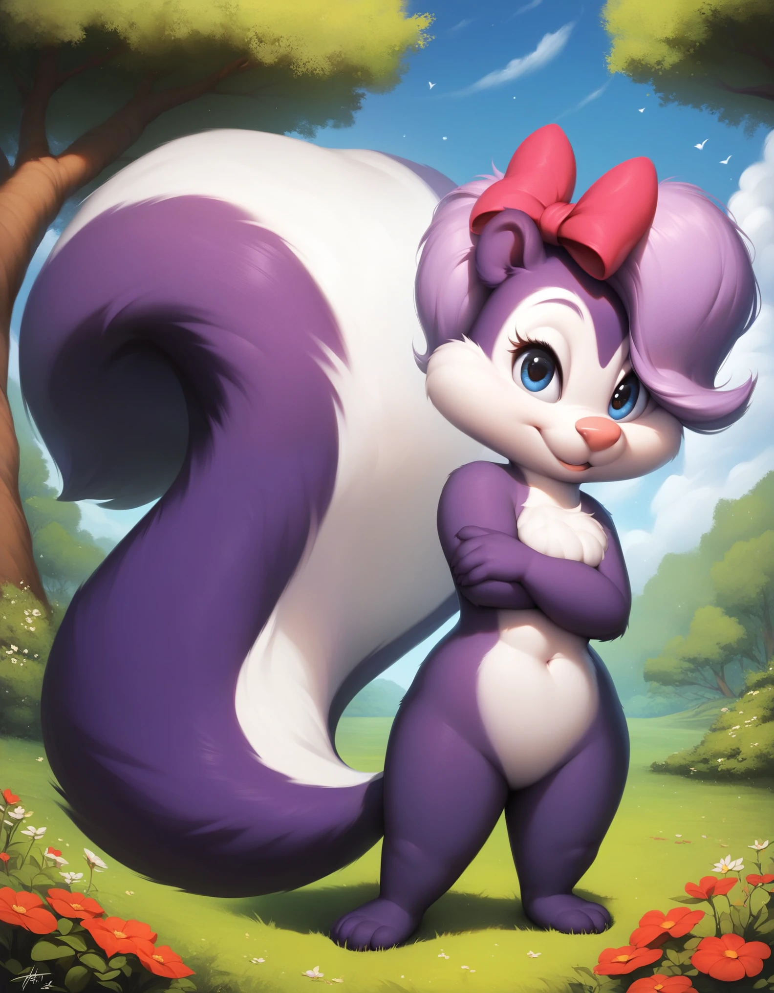 score_9, score_8_up, score_7_up, score_6_up, source_furry, score_safe, fifi, skunk, solo, 1girl, female, sfw, furry, purple body, hair bow, tail, cute, short, beautiful eyes, cartoony, flat color, simple shading, full-length portrait, studio ghibli background, blurred backgroun,