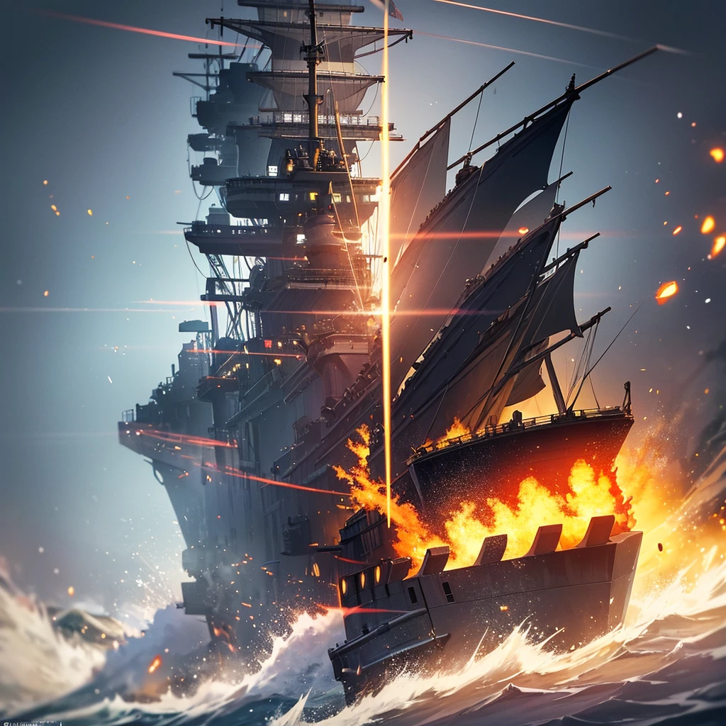 Content: A detailed digital art piece depicting a frontal view of a battleship firing its cannons. The battleship is massive and formidable, with large cannons blasting out powerful bursts of fire and smoke. The ocean around it is turbulent, reflecting the intensity of the action. Medium: Digital art, concept illustration. Style: Highly detailed, realistic military art in the style of naval history illustrations. Lighting: Dynamic lighting with dramatic highlights and shadows to emphasize the power and scale of the battleship. The cannon fire illuminates the scene with intense bursts of light. Colours: A palette of steely blues, greys, and blacks, with bright flashes of orange and yellow from the cannon fire. Composition: A frontal view with a slightly low angle to emphasize the size and power of the battleship. The horizon line is low, creating a dramatic sense of scale and action.

