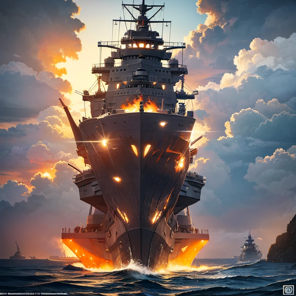 Content: A detailed digital art piece depicting a frontal view of a battleship firing its cannons. The battleship is massive and formidable, with large cannons blasting out powerful bursts of fire and smoke. The ocean around it is turbulent, reflecting the intensity of the action. Medium: Digital art, concept illustration. Style: Highly detailed, realistic military art in the style of naval history illustrations. Lighting: Dynamic lighting with dramatic highlights and shadows to emphasize the power and scale of the battleship. The cannon fire illuminates the scene with intense bursts of light. Colours: A palette of steely blues, greys, and blacks, with bright flashes of orange and yellow from the cannon fire. Composition: A frontal view with a slightly low angle to emphasize the size and power of the battleship. The horizon line is low, creating a dramatic sense of scale and action.
