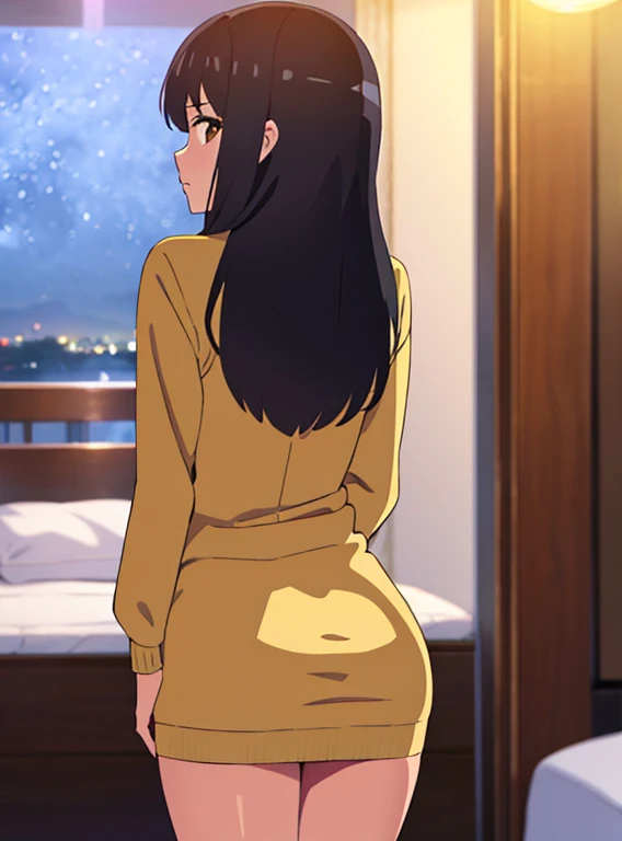 shinkai makoto, kimi no na wa., 1girl, bangs, black hair, brown eyes, twisted half up, red ribbon, long hair, long sleeve light yellow cardigan, bottomless, butt, looking at the viewer, indoors, bedroom, night,masterpiece, perfect anatomy, cowboyshot,