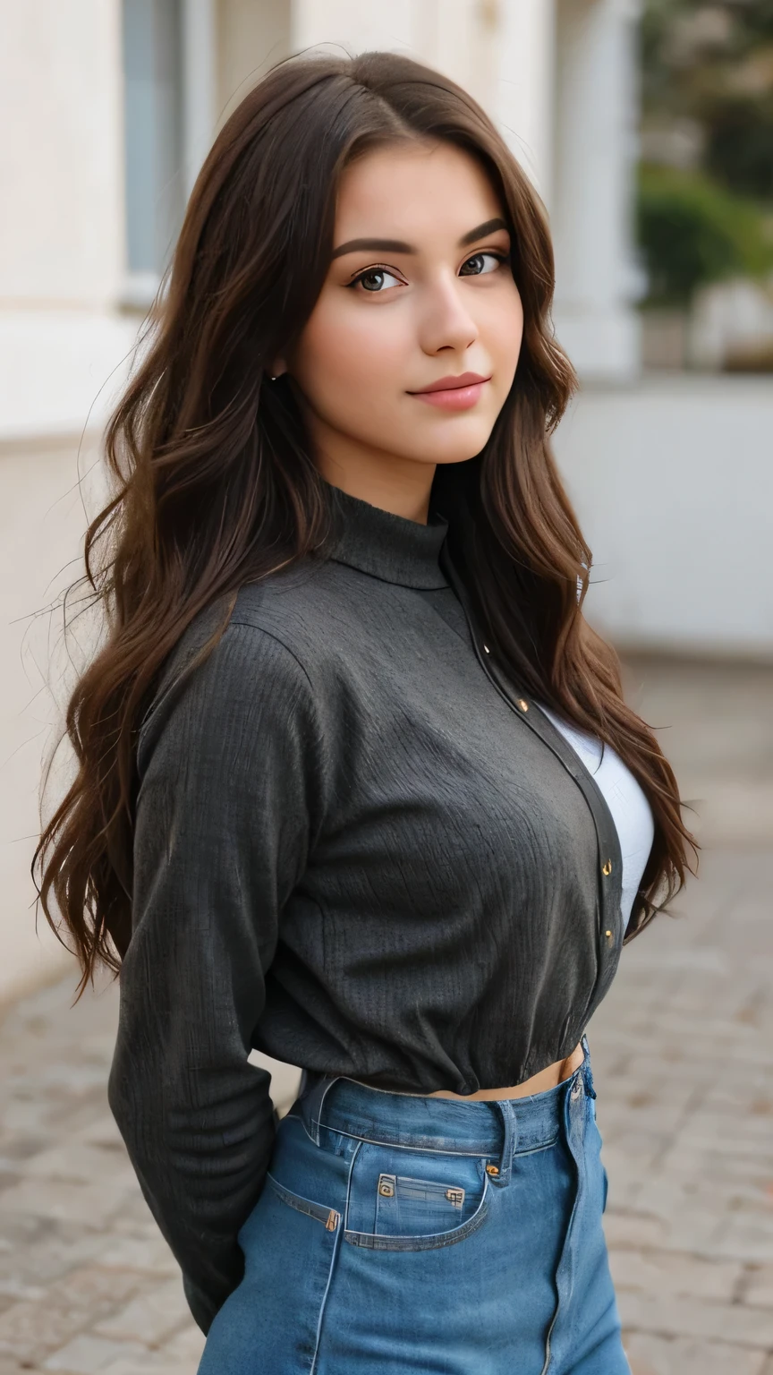 18 year old busty brunette female, attractive outfit, close up face