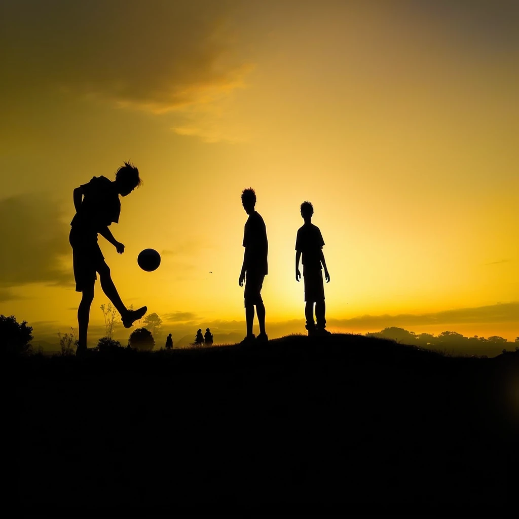 Silhouette of three people playing ball on the hill, Children playing, play soccer, Silhouette in field behind, Award-winning shots, Award-winning shots, Silhouette, Award-winning photos, Sunset, contour, evening, In the prime time, Stunning footage, In the sunset, evening, Center Shot, A stunning photo, Sunset