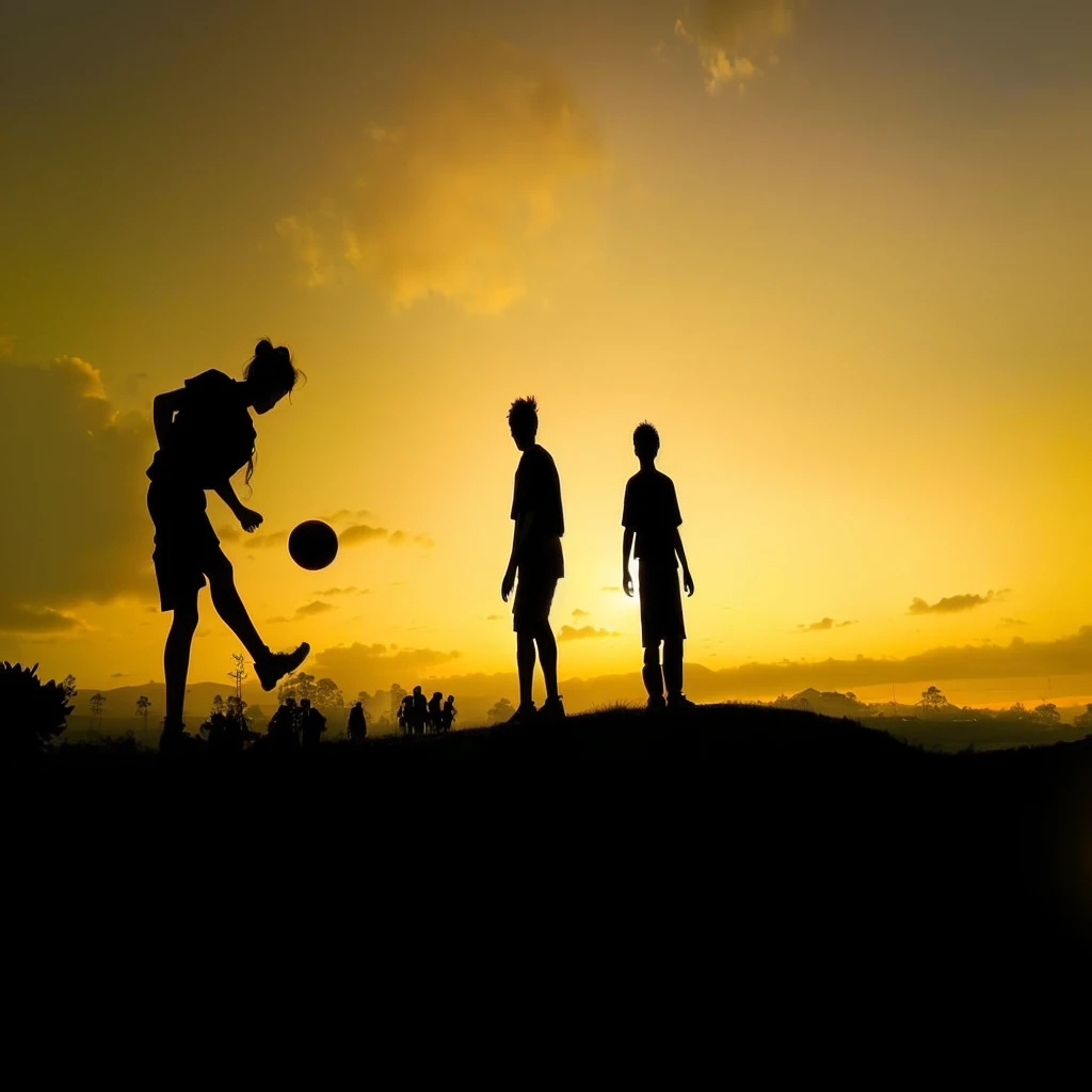 Silhouette of three people playing ball on the hill, Children playing, play soccer, Silhouette in field behind, Award-winning shots, Award-winning shots, Silhouette, Award-winning photos, Sunset, contour, evening, In the prime time, Stunning footage, In the sunset, evening, Center Shot, A stunning photo, Sunset