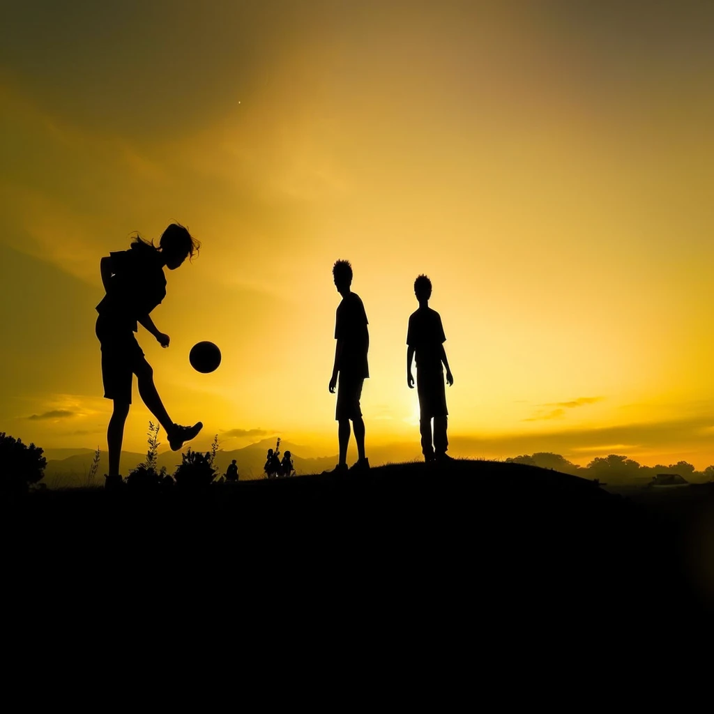 Silhouette of three people playing ball on the hill, Children playing, play soccer, Silhouette in field behind, Award-winning shots, Award-winning shots, Silhouette, Award-winning photos, Sunset, contour, evening, In the prime time, Stunning footage, In the sunset, evening, Center Shot, A stunning photo, Sunset