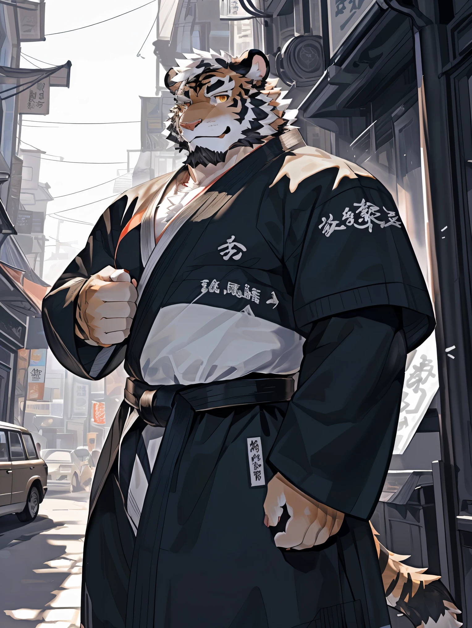 (White skintiger),(上Half Body赤膊:1.7),(Martial Arts衣服:1.4),(Holding a long sword),(Great posture),Standing quietly,(The background is a city full of ancient atmosphere,There are many busy vendors in the city:1.5),(abdominal muscles),Heroic Stance飒爽,完美的masterpiece,Various facial details,close up视图,specific description,masterpiece,(CG),(Golden Eyes),Black and white pattern,Black and white tail,General,Heroic Stance,tiger,Black and white fur,Specific facial details,Half Body,(黑白阴阳General战履),(Chang Ling),((middle aged)),(Face Focus),(16K),(HD),Black and white belly,temple,beard,(Facial lines),(Frontal overlook,),(Black and white hair),(Smirk:1.5),(muscle:1.3),(high resolution:1.3),(close up),(Delicate face:1.5),Perfect details,(Half Body),(Facial details:1.5),(Zoom in on the face:1.5),(白色Facial lines:1.2),(黑色beard:1.3),(white face:1.6),(White body),(White skin,black strips:1.3),(Fair cheeks:1.5),(White facial complexion:1.3),CG,(The smell of quackery:1.3),(Martial Arts:1.5),(knight:1.5),(Practical) (Frontal overlook:1.3)Bottoms, 8k HD, Extremely detailed,author:virtyalfobo
