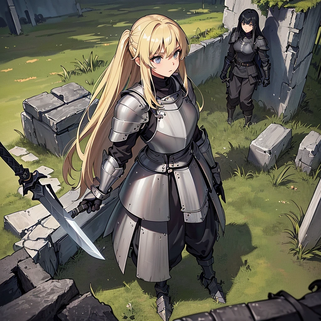 (((Solo)))、Best illustrations、Best Quality、(Full body character concept、detailed)、(((Simple grey armor、Black trousers、Black gloves、woman、18-year-old、Blonde、Long Hair)))、(((Grab the sword、Get Ready)))、(From below)、(Old ruins、Grass)、Fall to the floor、(Black, muddy swamp)、From above、(White background)