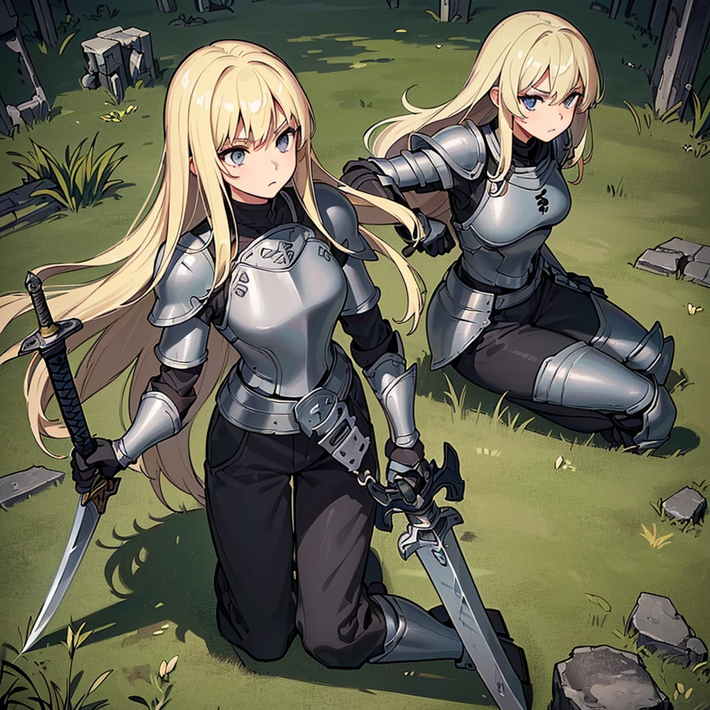(((Solo)))、Best illustrations、Best Quality、(Full body character concept、detailed)、(((Simple grey armor、Black trousers、Black gloves、woman、18-year-old、Blonde、Long Hair)))、(((Grab the sword、Get Ready)))、(From below)、(Old ruins、Grass)、Fall to the floor、(Black, muddy swamp)、From above、(White background)