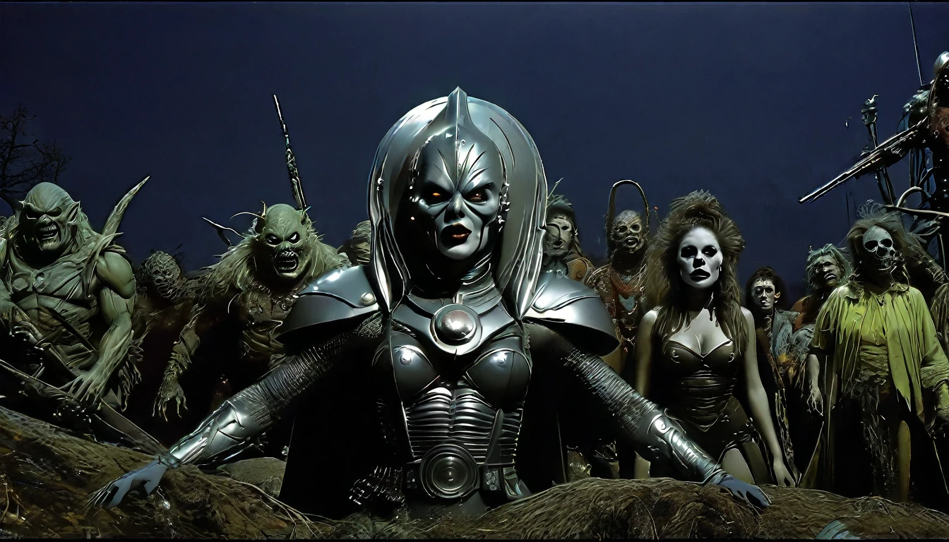 in (medium full shot:3.1) of lot of characters from a movie for slave girls from beyond infinity, inspired by Clyde Caldwell, futuristic apocalypse, stalenhag, metal album cover, gwar, heavy metal band promo, wayne barlowe pierre pellegrini, (with Creepy, Sci-Fi, Fantasy and Horror:2.9) retro sci fi, Horror movie, very detailed body, moody, epic, shot on Kodak Vision3, (intricate details:2.4), (hyperdetailed:3.1), (8k resolution:3.1), (high detailed:4.1), lot of detailed, high quality, soft (cinematic:3.3) light, dramatic atmosphere, atmospheric pespective, (impactful art:2.8), rich colors