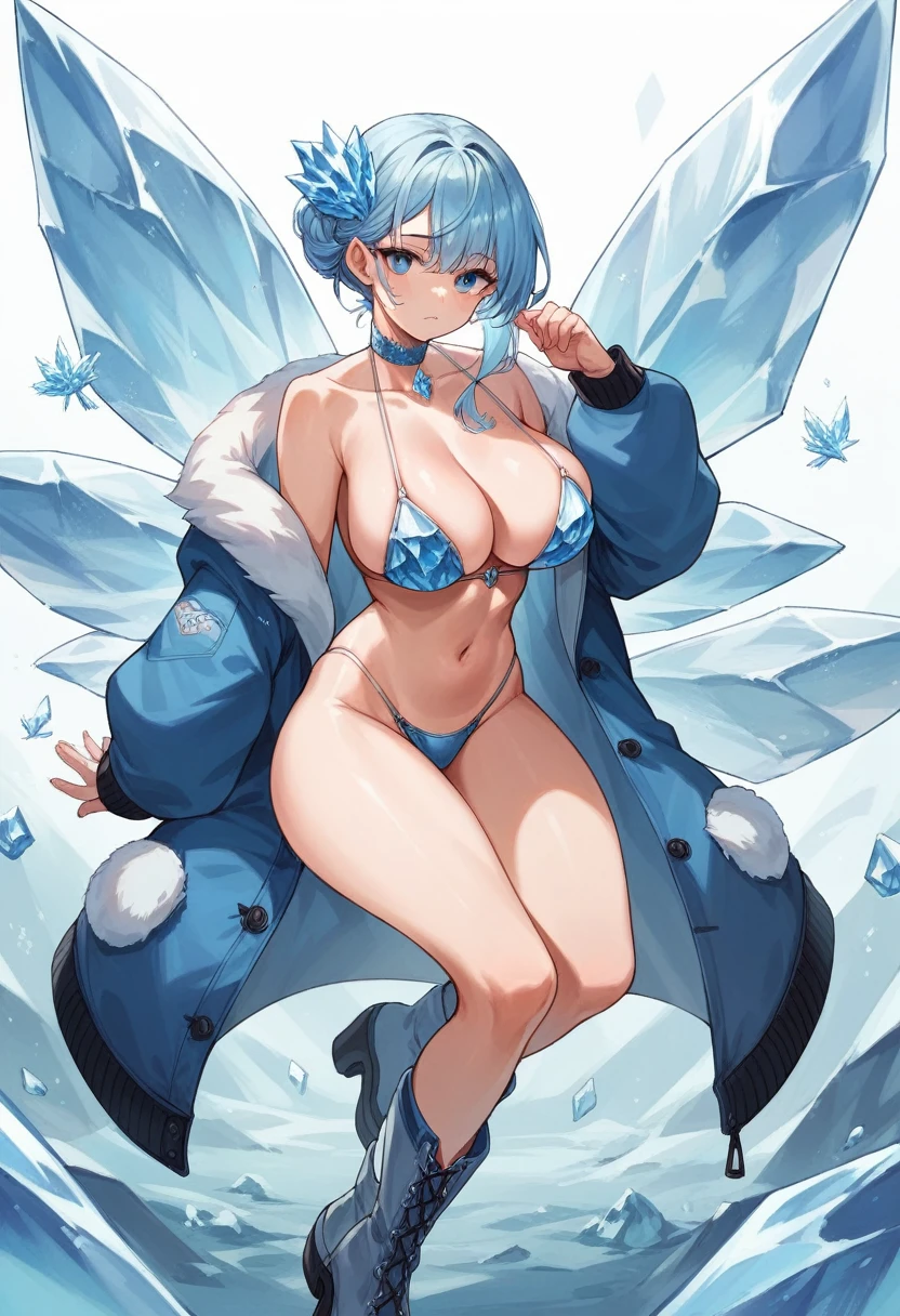 Ice bird, large breasts (G size), ice , ice wings, light blue hair, dark blue eyes, ice high boots, ice flowers on hair, ice choker, blue snow coat, ice crystal bikini