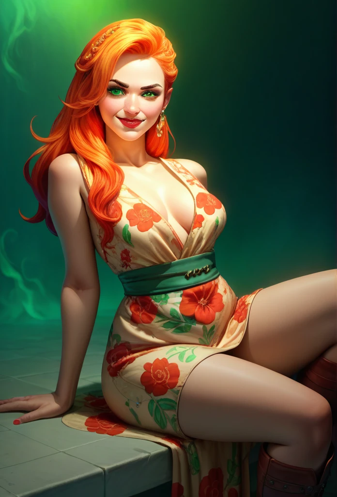 1 girl with fiery red bob, porcelain skin, piercing green eyes, plump cherry-red lips, yet curvy figure, wearing vintage-inspired outfit, knee-high boots, floral dress, confident, charismatic expression, mischievous smile