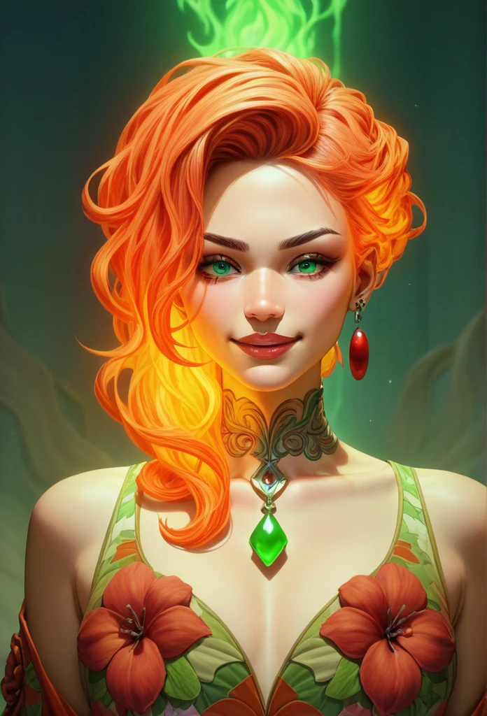 1 girl with fiery red bob, porcelain skin, piercing green eyes, plump cherry-red lips,  yet curvy figure, wearing vintage-inspired outfit, knee-high boots, floral dress, confident, charismatic expression, mischievous smile