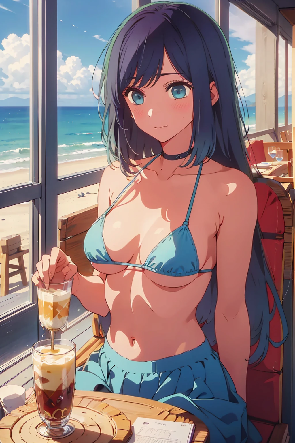 (Highest quality:1.4、masterpiece:1.4、Super detailed:1.4、8K:1.4)、((((1 person、Surprised expression、sit、Cafe Terrace、coastal、juice、table、Sandy Beach、juiceのグラスを持つ、Micro Bikini、Very soft boobs、Big eyes、Very cute face))))、(large areolae:1.4)、F cup bust、Medium breast、Underboob、Nipples