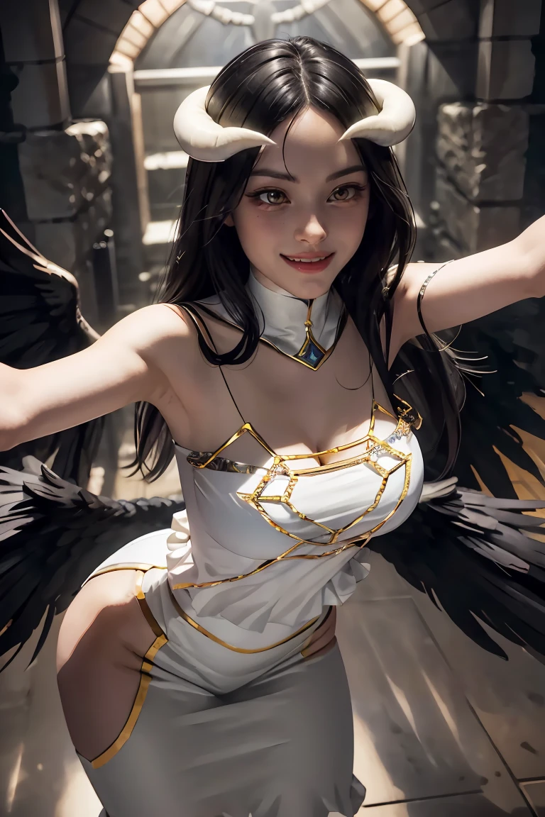 masterpiece, best quality, highres, al1, demon horns, slit pupils, white gloves, white dress, bare shoulders, detached collar, cleavage, black wings, feathered wings, low wings, cowboy shot, standing, dungeon, evil smile, reaching out, spread arms, outstretched arms,