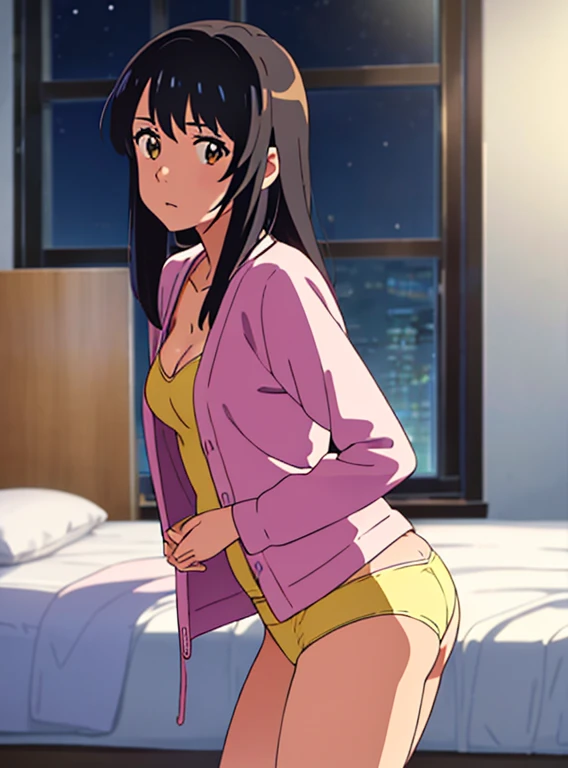 shinkai makoto, kimi no na wa., 1girl, black hair, brown eyes, long hair, red hair string, long sleeve light pink cardigan, open shirt, yellow shirt, cleavage, breast, medium breast, bottomless, white panties, butt, looking at the viewer, indoors, bedroom, night,masterpiece, perfect anatomy, cowboyshot,