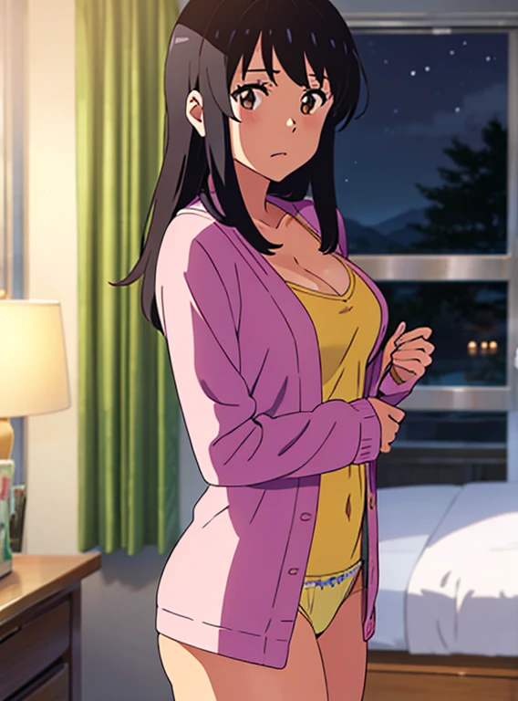 shinkai makoto, kimi no na wa., 1girl, black hair, brown eyes, long hair, red hair string, long sleeve light pink cardigan, open shirt, yellow shirt, cleavage, breast, medium breast, bottomless, white panties, butt, looking at the viewer, indoors, bedroom, night,masterpiece, perfect anatomy, cowboyshot,