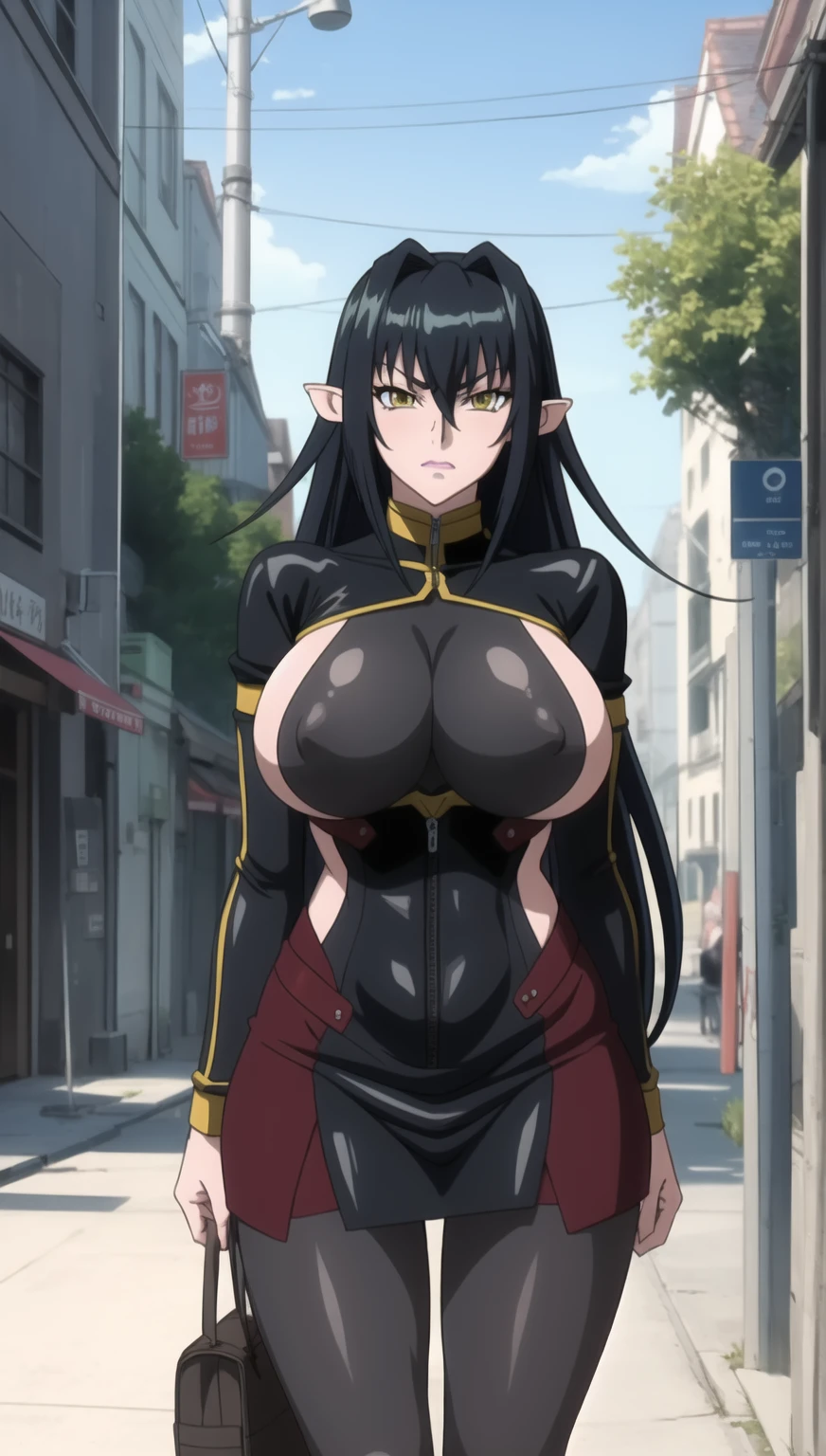 (high quality:1.1), intricate details, cinematic lighting, sharp focus, Annerose, 1girl, solo, standing, cowboy shot, looking at viewer, determined, very long hair, hair intakes, black hair, pointy ears, yellow eyes, lipstick, (bodysuit:1.05), shiny clothes, large breasts, (covered nipples:1.1), character in center, anime screenshot, sharp shader, lovely personality, professional art by kagami hirotaka, anime screenshot