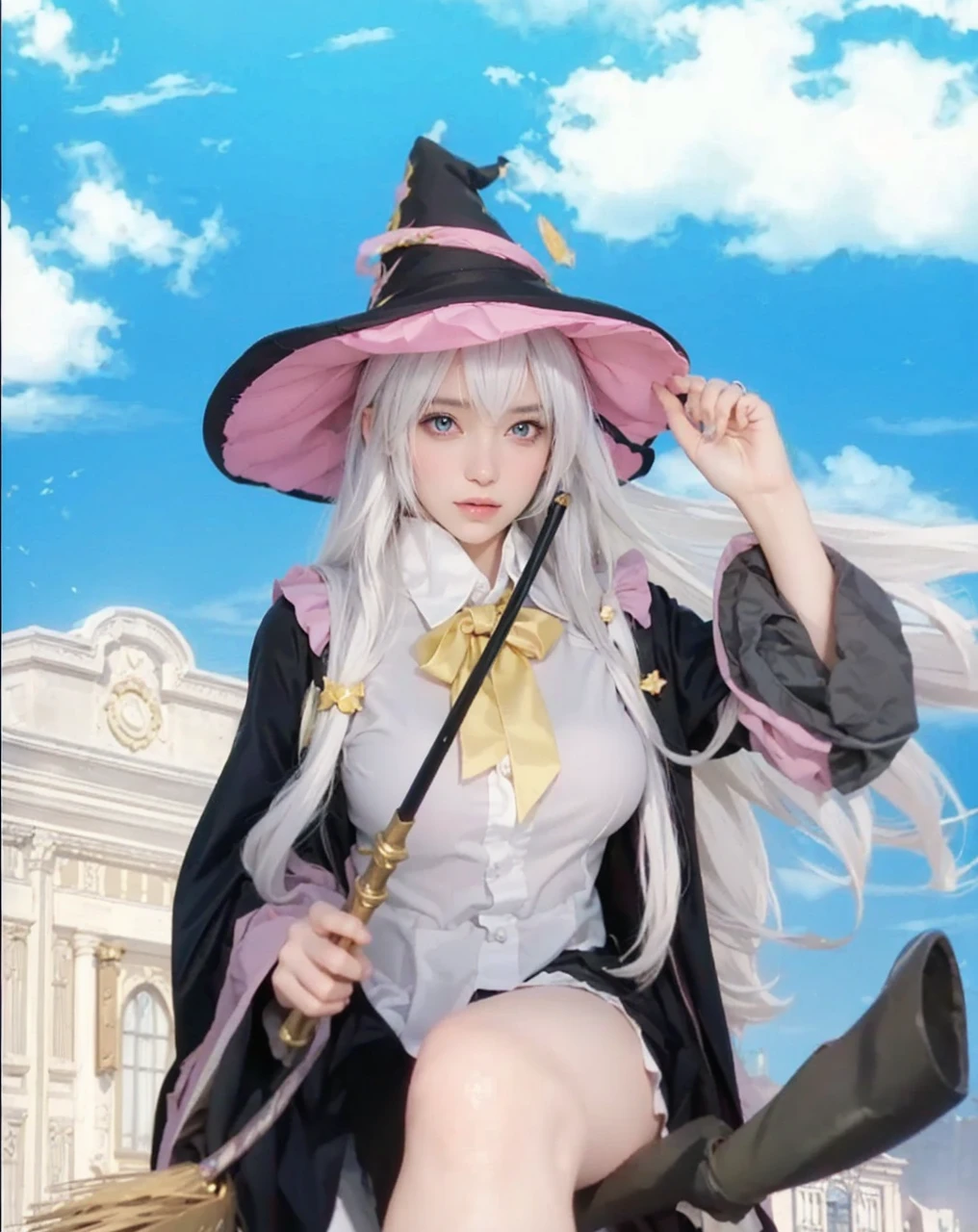 ( WANDERING WITCH: THE JOURNEY OF ELAINA_ELAINA),((realistic, photorealistic)),(highlight hair)), Light reflection, (( HD )),((upper body)), (((best quality, masterpiece))), (masterpiece) (best quality) (detail) (8k) (HDR) (wallpaper) (cinematic lighting) (sharp focuasterpiece, best quality: 1.1), Real life adaption of this character, realistic outfit, realistic shadow, realistic light, realism, hyper realistic, realistic background,realistic hair,(photorealistic:1.2), 1girl,Blue sky cloud background, magic city building, magical girl, witch hat, sitting on a flying broomstick, holding a magic wand, floating white hair,Fly above the clouds, Smooth thighs 