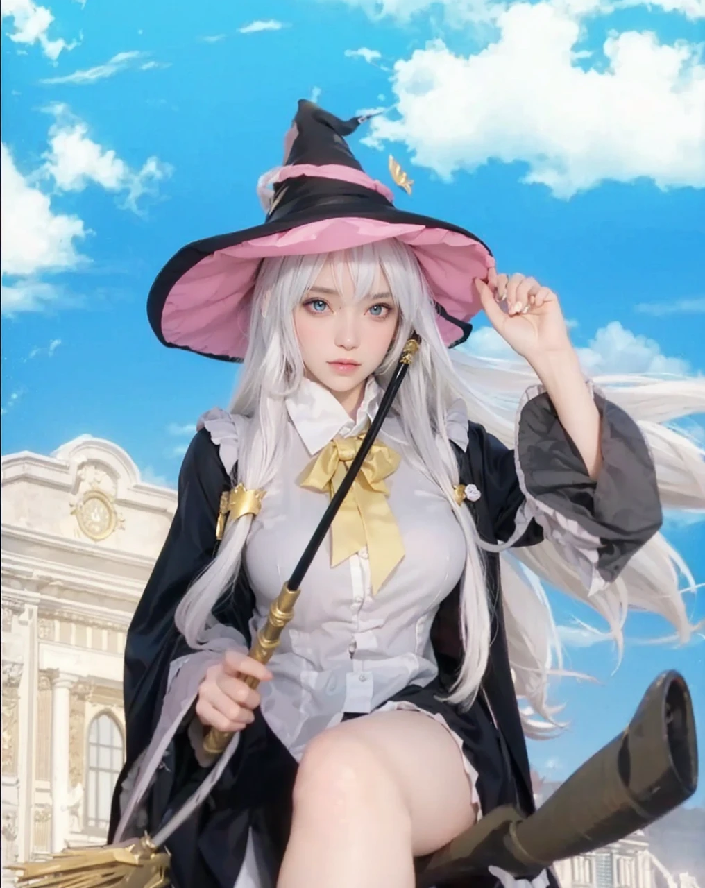 ( WANDERING WITCH: THE JOURNEY OF ELAINA_ELAINA),((realistic, photorealistic)),(highlight hair)), Light reflection, (( HD )),((upper body)), (((best quality, masterpiece))), (masterpiece) (best quality) (detail) (8k) (HDR) (wallpaper) (cinematic lighting) (sharp focuasterpiece, best quality: 1.1), Real life adaption of this character, realistic outfit, realistic shadow, realistic light, realism, hyper realistic, realistic background,realistic hair,(photorealistic:1.2), 1girl,Blue sky cloud background, magic city building, magical girl, witch hat, sitting on a flying broomstick, holding a magic wand, floating white hair,Fly above the clouds, Smooth thighs 