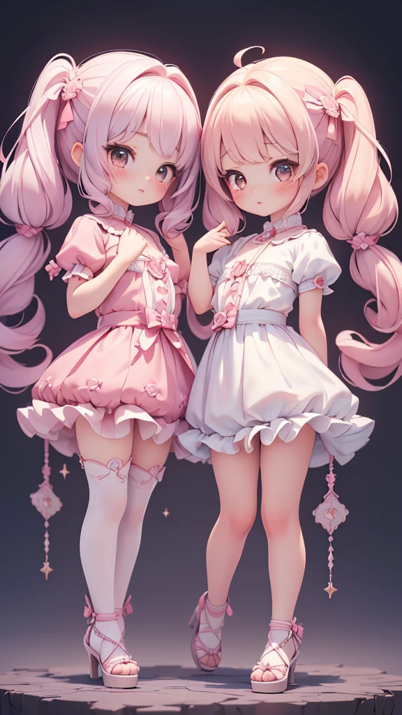 ((petite bishojo, little 2girls)), ((cute face)), ((cute puffy eyes)), ((masterpiece)), ((best quality)), ((ultra detailed)), ((exquisite)), ((depth)), ((crisp)), ((8k)), ((beautiful and aesthetic)), (super detailed skin), ((high standard)), ((highres)), ((perfect anatomy)), (full body), (blush), (rouge), (teaser), (beautiful fingers)