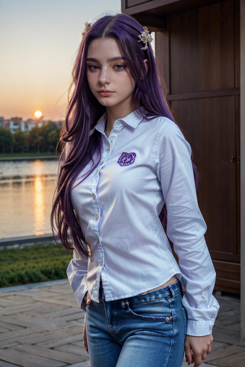 (1 lady), (Best quality at best:1.4), (ultra - detailed), (extremely detailed CG unified 16k), A Beautiful Woman with Perfect Figure: 1.4, Sharp Focus: 1.2, very detailed, High-definition RAW color photo, professional photoshooting, amazing face and eyes, (amazingly beautiful girl), ((masterpiece)), realistic cinematic face, head to feet long wide zoomed out view, full body long view, photorealistic, ((highres)), ((detailed background)), sunset, (ichinose omi), gorgeous, extremely beautiful face, perfect model beauty, Highly Detailed Face and Skin Texture, Detailed Eyes, Double Eyelids, ((casual clothes, blue jean, white butd shirt, long sleeves)), ((realistic natural purple hair style, purple eyes, long hair, hair ornaments)), tarankaaa, not Dasha Taran, library background, extremely detailed, blurred background, depth of field, cinematic lighting, amazing legs, clear and well-cared skin, athletic, big proportions body, looking at viewer, best hands of the internet, standing
