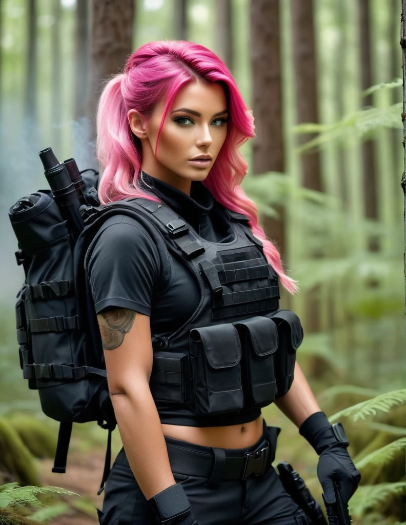 very attractive 25 year old female with long bright pink hair, Foto hiperrealista en primer plano de Emily Sears, masterpiece, best quality, (photorealistic:1.4), beautiful woman, skinny, long bright pink hair, detailed face, facing the camera, photo taken from a distance, 5 years old, Special forces uniforms、Black tactical vest、black black Military trousers、Black combat gloves、rucksack、Black black military undershirt、Detailed facial and chest depictions、detailed hand depiction、Combat pose、Dynamic action、in woods、White smoke、watching at viewers