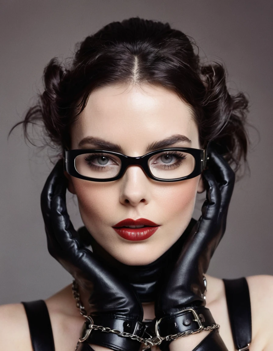 A polaroid shot of an intelligent 35-year-old dominant brunette with disheveled hair, a very thin face, pale white skin, very high cheekbones, large full lips, the largest lips, small glasses, deep mouth, dark plump glossy lips, very bright makeup. Very thin. Naked sexy model. in bdsm style. Wearing in leather gloves. A magnificent hairstyle. Shiny steel bracelets on top of black gloves. and Shiny steel bracelet necklaces are on her wrists. She wears a leather harness over her head and face. Leather garters on his feet. A sexy pose.