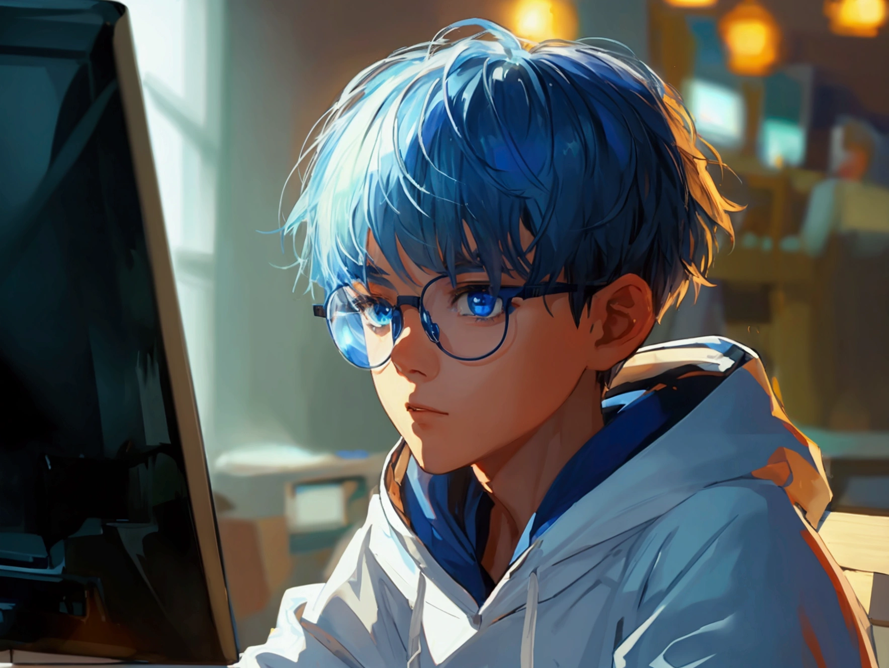 1 boy, short blue hair, blue eyes, wearing white glasses, wearing a hoodie, sitting in front of a computer, opening a cellphone, high quality, 8k