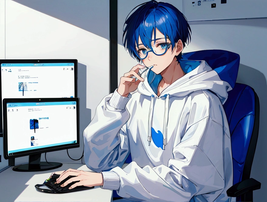 1 boy, short blue hair, blue eyes, wearing white glasses, wearing a hoodie, sitting in front of a computer, opening a cellphone, high quality, 8k
