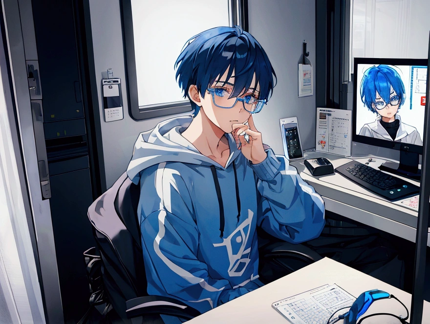 1 boy, short blue hair, blue eyes, wearing white glasses, wearing a hoodie, sitting in front of a computer, opening a cellphone, high quality, 8k