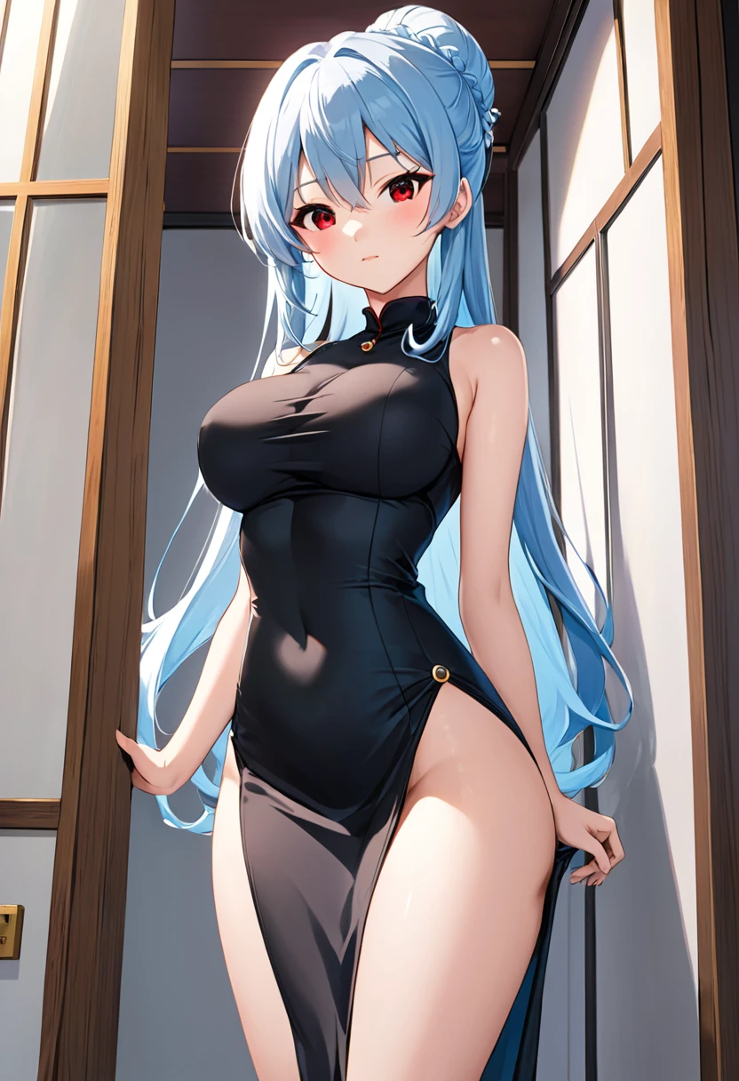 My name is Yukiko.I am a white test woman with long light blue  hair,red eye color.I am 1.62 cm tall . My breasts measure 200 cm, my waist 40 cm and my hips 200 cm. dressed in a tight black dress and with her hair up.  . With big breasts 200 cm