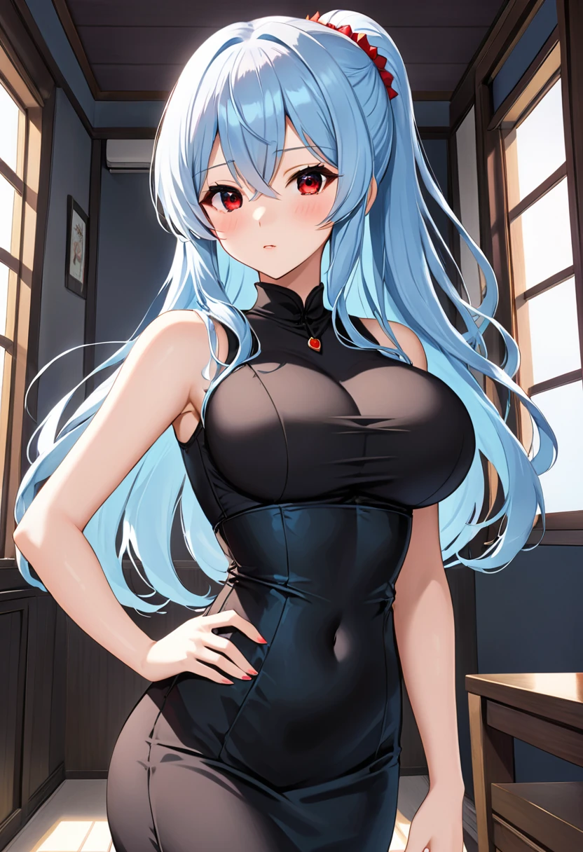 My name is Yukiko.I am a white test woman with long light blue  hair,red eye color.I am 1.62 cm tall . My breasts measure 200 cm, my waist 40 cm and my hips 200 cm. dressed in a tight black dress and with her hair up.  . With big breasts 200 cm