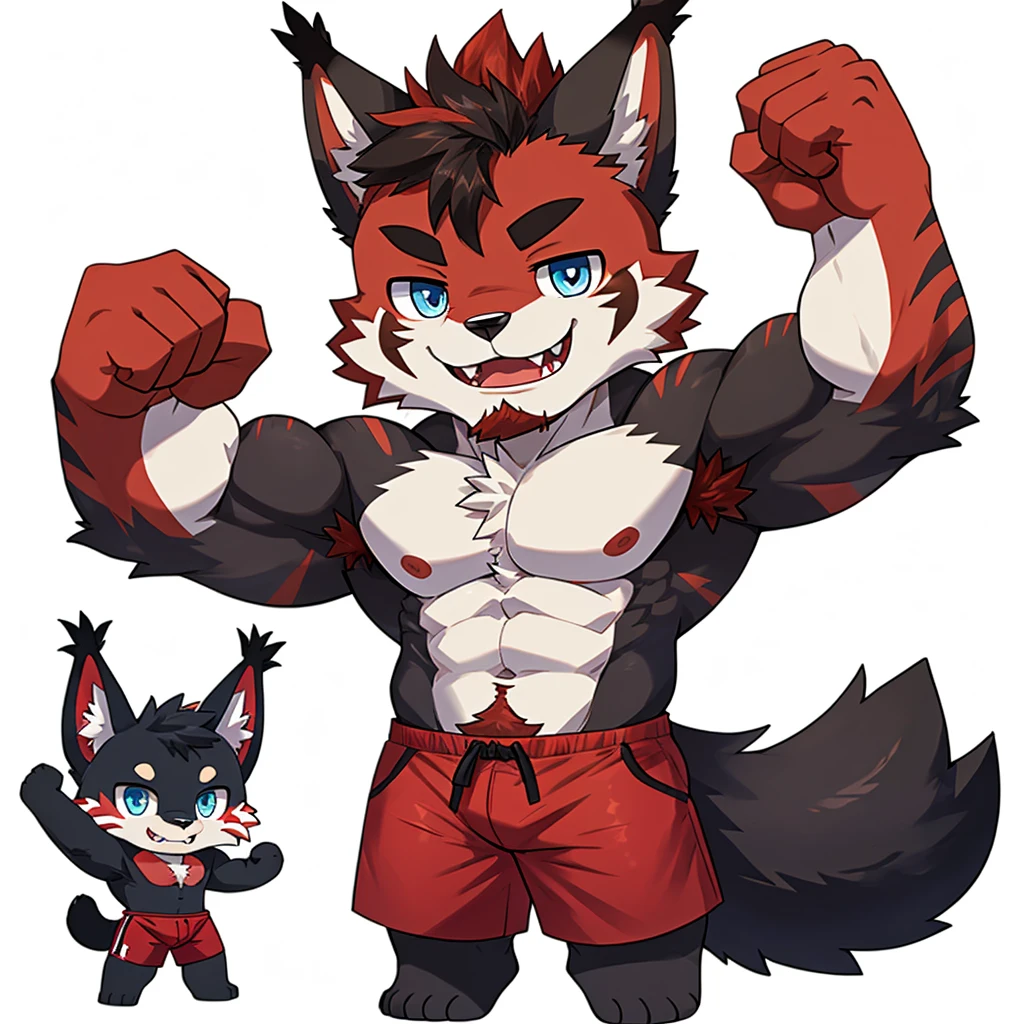 ((Furry lynx cat)), ((chibi)), chibi, chibi, chibi, body fully covered in black fur, ((fully covered in black fur)), ((black fur)), sharp fangs, sharp teeth, summer shorts outfit, cute, blue eyes, red chest hair, red eyebrows, red armpit hair, black nose, black tail, black tail with red tip, red whiskers, happy, smile, correct Anatomy, correct hand, ((white background)), (Acting happy), (hands up), enjoy, ((front view)), full body, sexy, (flexing), (muscle), black tail, black tail red tail tip, red eyebrows, red chest hair, red armpit hair, chibi, chibi, chibi