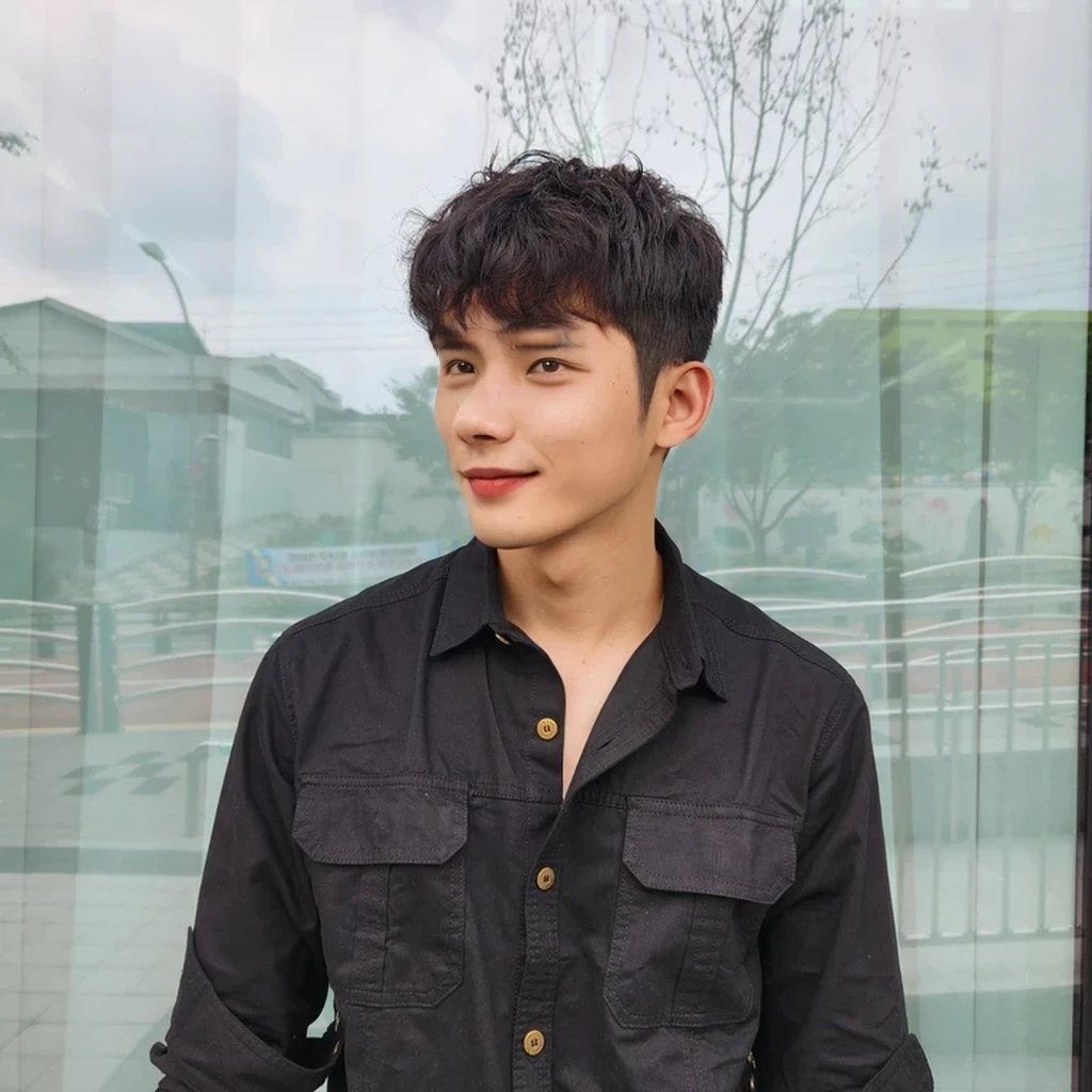 Best Quality, 8k, Masterpiece, (Portrait: 1.3), (photo realistic:1.4), (hyper realistic:1.4), Sharp Focus, looking at viewer, (smoother lighting:1.1), (increase cinematic lighting quality:0.9), realistic lighting, backlighting, light on face, ray trace, (brightening light:1.2), (Increase quality:1.4), sharp detail, (best quality real texture skin:1.4), finely detailed eyes, black_eyes, finely detailed face, 25 year old Korean man,smiling_face