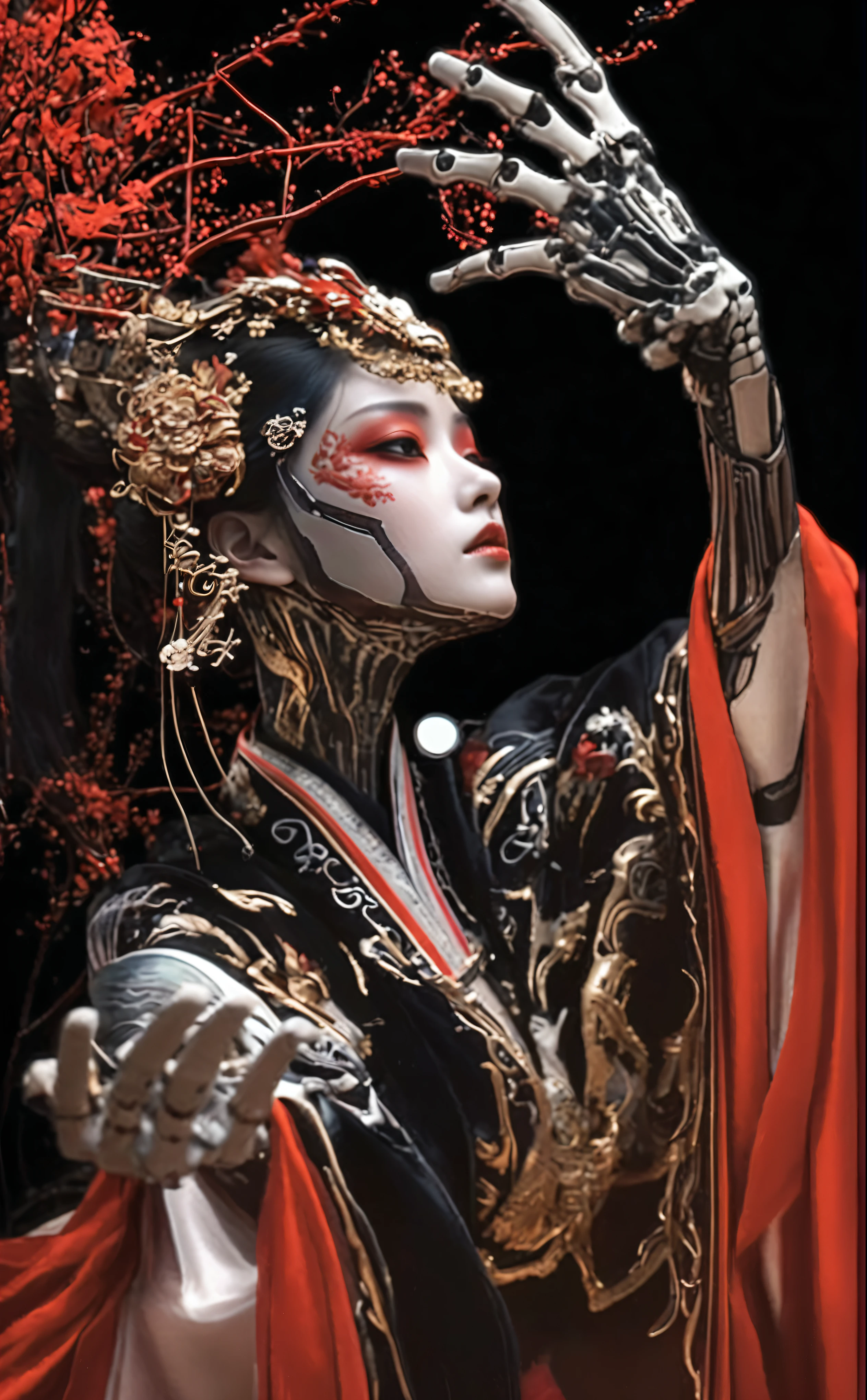 Close-up：A woman，Skeleton on hand，Draped in a red cloak, Japanese 3D 8K Ultra Detailed, Cyberpunk Geisha, Ghost in the Shell Geisha, Complex and gorgeous anime CGI style, Inspired by Ai Xuan, cgsociety and fenghua zhong, Chinese Empress, Inspired by Lan Ying, Beautiful digital artwork, Asian Ultra Detailed