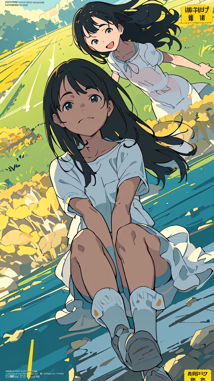 Affordable design, Clear lines, High Sharpness, (Highest quality,4K,Perfect sharpness,Ultra fine,High resolution,masterpiece:1.2), Perfect Anatomy:1.5, Official Art, Illustrations that tell a story, (Whitish background:0. 9）、Body Positivity、多Mr.な身体表現、（Random and fun poses）、Perfect beauty、Perfect beautiful face、(Strong winds)、A rich expression、Dynamic composition、smile、Golden ratio composition、colorful、（((Mr.々Different angles and perspectives))）、Anime Art、（Overcoming stereotypes）、 Glowing Skin、（Natural beauty）、bangs、Straight Hair、（Soft and flowing hair）、（countryside）、（Nostalgic atmosphere）、(Insert up to the thighs)、（Playful and carefree）、（多Mr.なキャラクター）、（Graceful posture）、（Sunny atmosphere）、（Bright colors）、Spread your legs、Lie down、Fashion magazine cover、