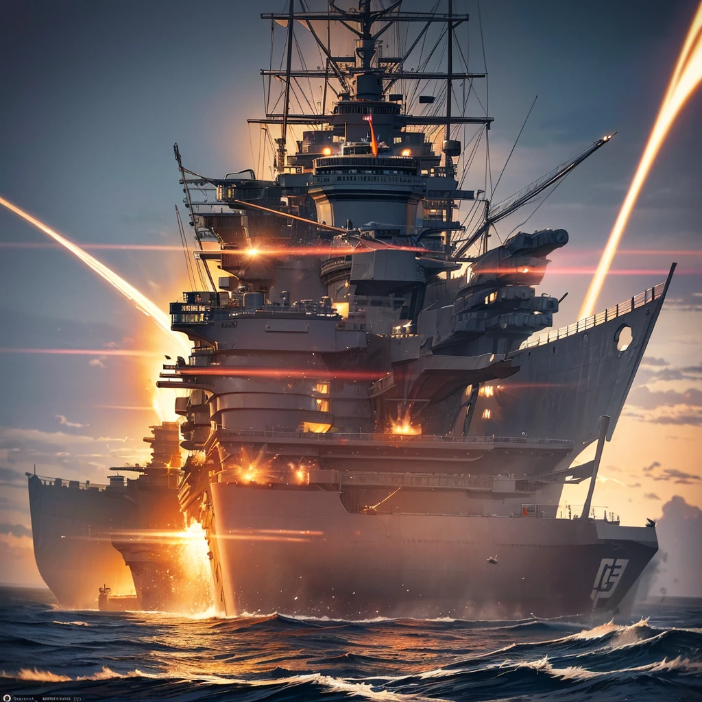 Content: A detailed digital art piece depicting a frontal view of a battleship firing its cannons. The battleship is massive and formidable, with large cannons blasting out powerful bursts of fire and smoke. The ocean around it is turbulent, reflecting the intensity of the action. Medium: Digital art, concept illustration. Style: Highly detailed, realistic military art in the style of naval history illustrations. Lighting: Dynamic lighting with dramatic highlights and shadows to emphasize the power and scale of the battleship. The cannon fire illuminates the scene with intense bursts of light. Colours: A palette of steely blues, greys, and blacks, with bright flashes of orange and yellow from the cannon fire. Composition: A frontal view with a slightly low angle to emphasize the size and power of the battleship. The horizon line is low, creating a dramatic sense of scale and action.