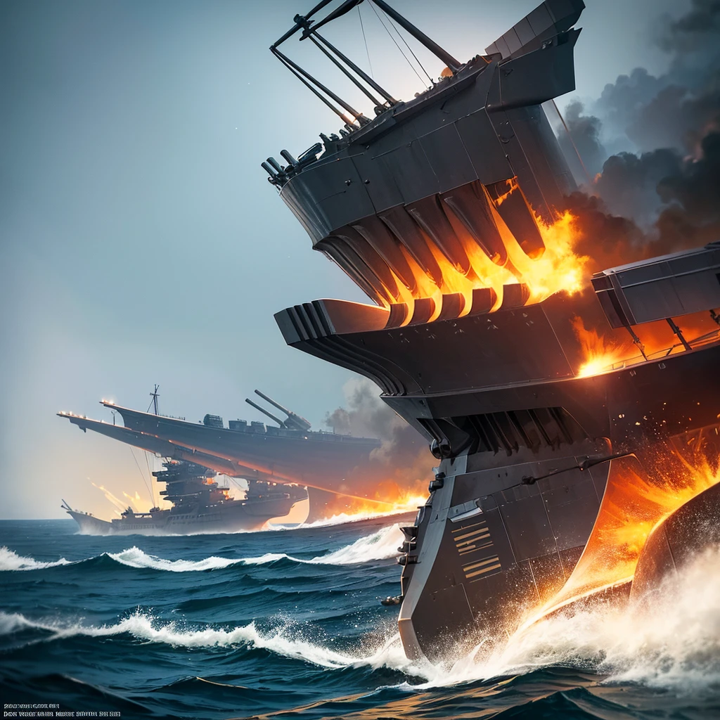 Content: A detailed digital art piece depicting a frontal view of a battleship firing its cannons. The battleship is massive and formidable, with large cannons blasting out powerful bursts of fire and smoke. The ocean around it is turbulent, reflecting the intensity of the action. Medium: Digital art, concept illustration. Style: Highly detailed, realistic military art in the style of naval history illustrations. Lighting: Dynamic lighting with dramatic highlights and shadows to emphasize the power and scale of the battleship. The cannon fire illuminates the scene with intense bursts of light. Colours: A palette of steely blues, greys, and blacks, with bright flashes of orange and yellow from the cannon fire. Composition: A frontal view with a slightly low angle to emphasize the size and power of the battleship. The horizon line is low, creating a dramatic sense of scale and action.