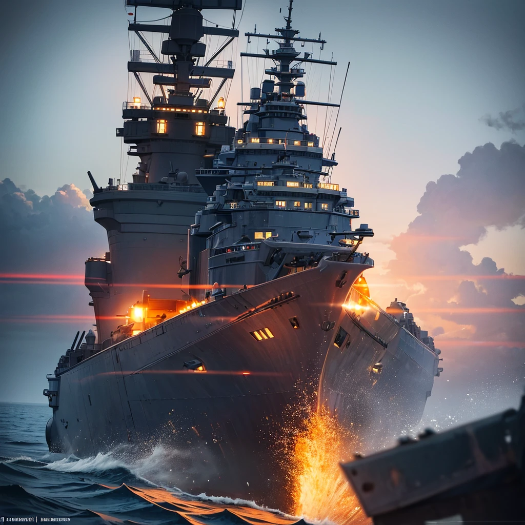 Content: A detailed digital art piece depicting a frontal view of a battleship firing its cannons. The battleship is massive and formidable, with large cannons blasting out powerful bursts of fire and smoke. The ocean around it is turbulent, reflecting the intensity of the action. Medium: Digital art, concept illustration. Style: Highly detailed, realistic military art in the style of naval history illustrations. Lighting: Dynamic lighting with dramatic highlights and shadows to emphasize the power and scale of the battleship. The cannon fire illuminates the scene with intense bursts of light. Colours: A palette of steely blues, greys, and blacks, with bright flashes of orange and yellow from the cannon fire. Composition: A frontal view with a slightly low angle to emphasize the size and power of the battleship. The horizon line is low, creating a dramatic sense of scale and action.