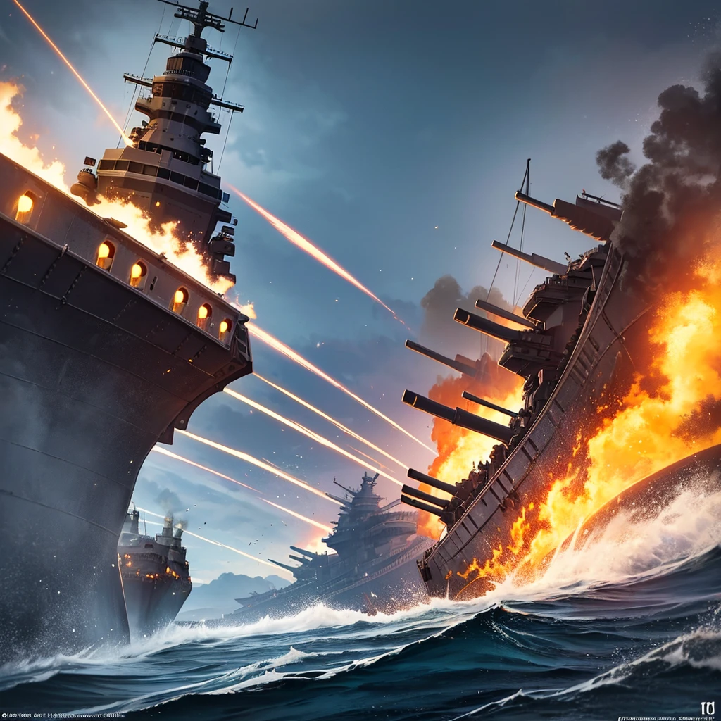 Content: A detailed digital art piece depicting a frontal view of a battleship firing its cannons. The battleship is massive and formidable, with large cannons blasting out powerful bursts of fire and smoke. The ocean around it is turbulent, reflecting the intensity of the action. Medium: Digital art, concept illustration. Style: Highly detailed, realistic military art in the style of naval history illustrations. Lighting: Dynamic lighting with dramatic highlights and shadows to emphasize the power and scale of the battleship. The cannon fire illuminates the scene with intense bursts of light. Colours: A palette of steely blues, greys, and blacks, with bright flashes of orange and yellow from the cannon fire. Composition: A frontal view with a slightly low angle to emphasize the size and power of the battleship. The horizon line is low, creating a dramatic sense of scale and action.

