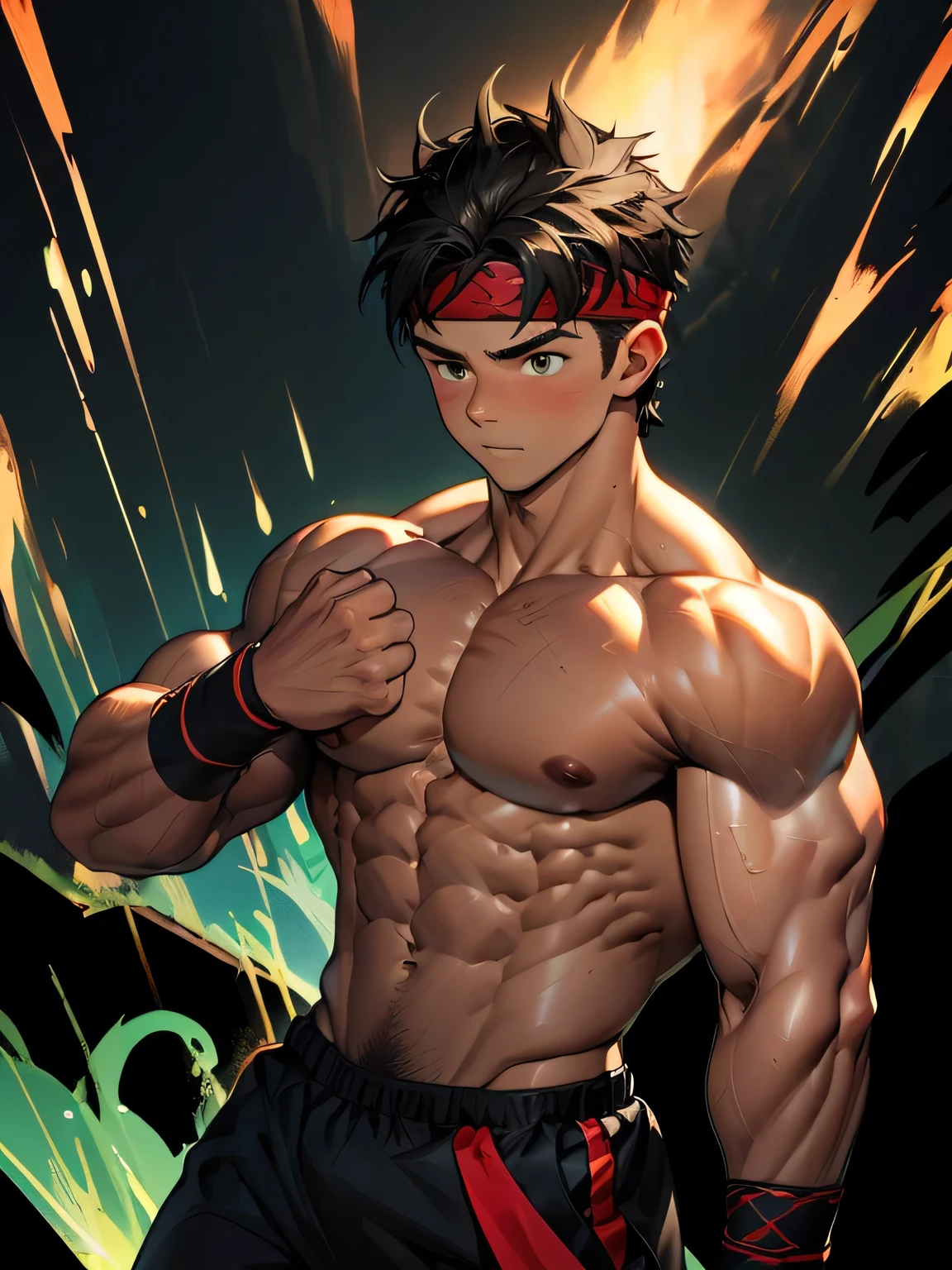 (Masterpiece, Best quality  boy, black background), solo, Young, boy, muscler, Shirtless, topless, ((((surrounded by swirling holy aura)))), (Dark Short straight hair, ((almost completely shaved hair)), under cut, brown eyes), (red headband, ((black wristband))), Vivid colors, ((hot Abs:1.2, abs!, big abs, big breast:1.2, chest!, muscler upper arms, clenched fist)), muscler!, muscler body, Man with martial arts stance, detailed face, detailed muscle, (((random fighting pose, powerful, action, rippling muscles, green aura around body, concentrate, deep night, male focus)))