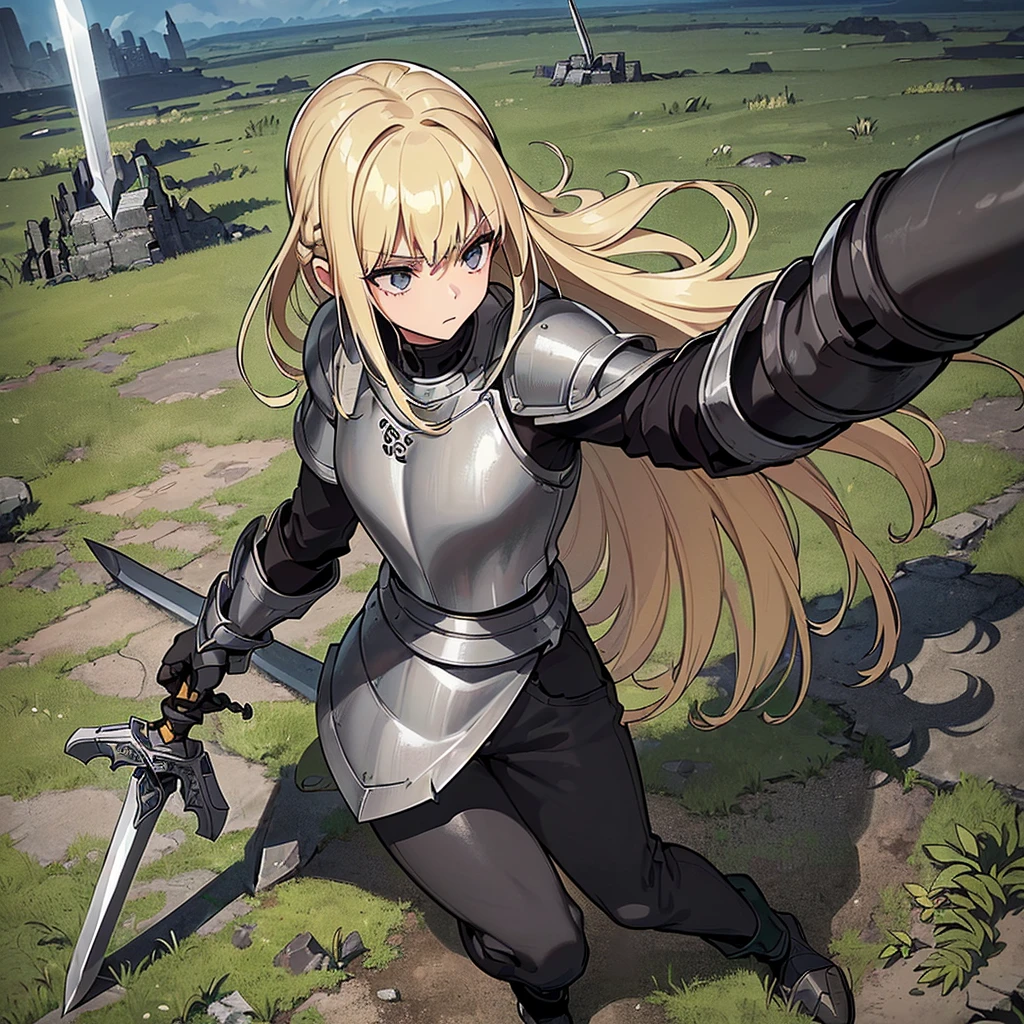 (((Solo)))、Best illustrations、Best Quality、(Full body character concept、detailed)、(((Simple grey armor、Black trousers、Black gloves、woman、18-year-old、Blonde、Long Hair)))、(((Grab the sword、Get Ready)))、(From below)、(Old ruins、Grass)、Fall to the floor、(Black, muddy swamp)、From above、(White background)