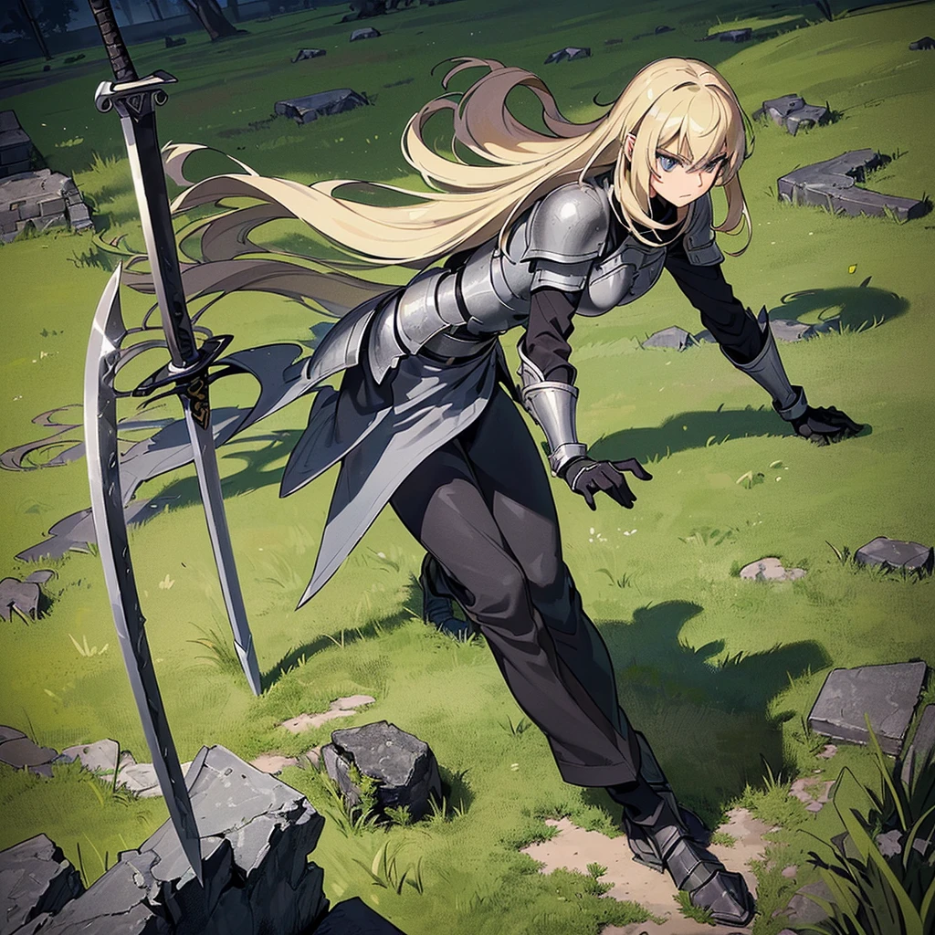 (((Solo)))、Best illustrations、Best Quality、(Full body character concept、detailed)、(((Simple grey armor、Black trousers、Black gloves、woman、18-year-old、Blonde、Long Hair)))、(((Grab the sword、Get Ready)))、(From below)、(Old ruins、Grass)、Fall to the floor、(Black, muddy swamp)、From above、(White background)