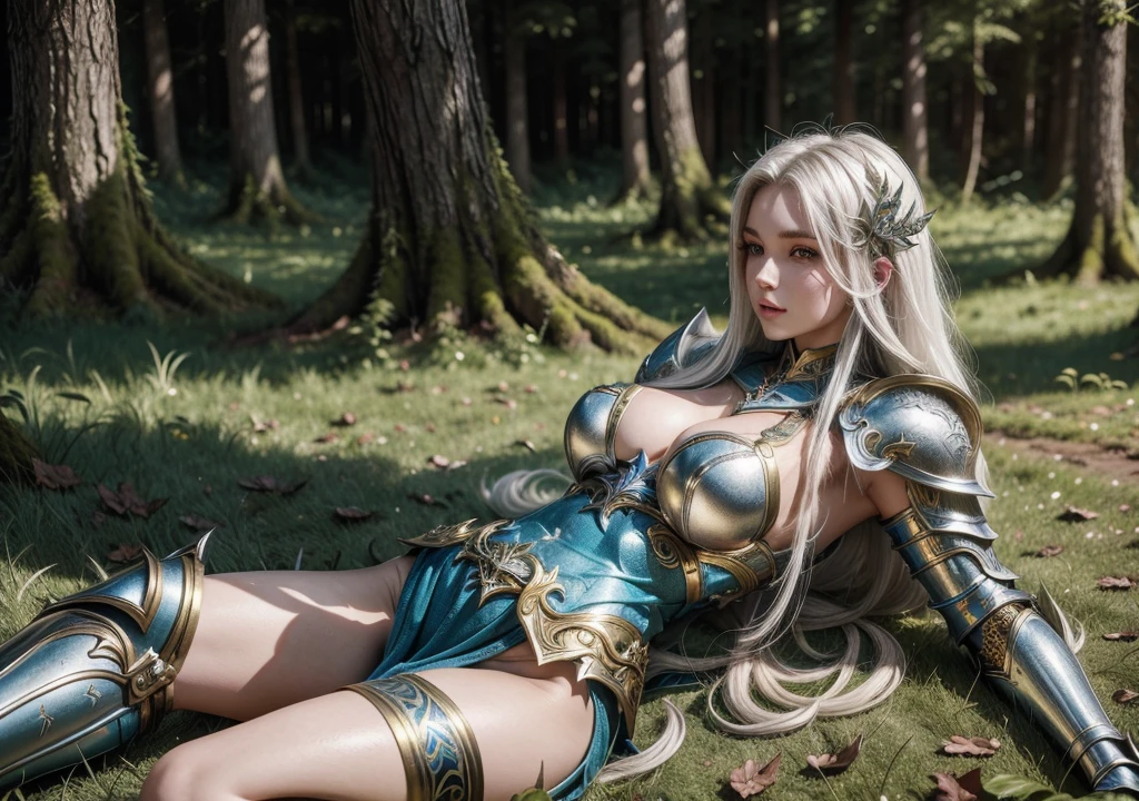 In the forest there is a beautiful goddess with long white hair, lying on the grass she wears express medieval armor covering her entire body with silver armor with gold details with Templar blue plastic with medium and perfect breasts, on her well-defined legs