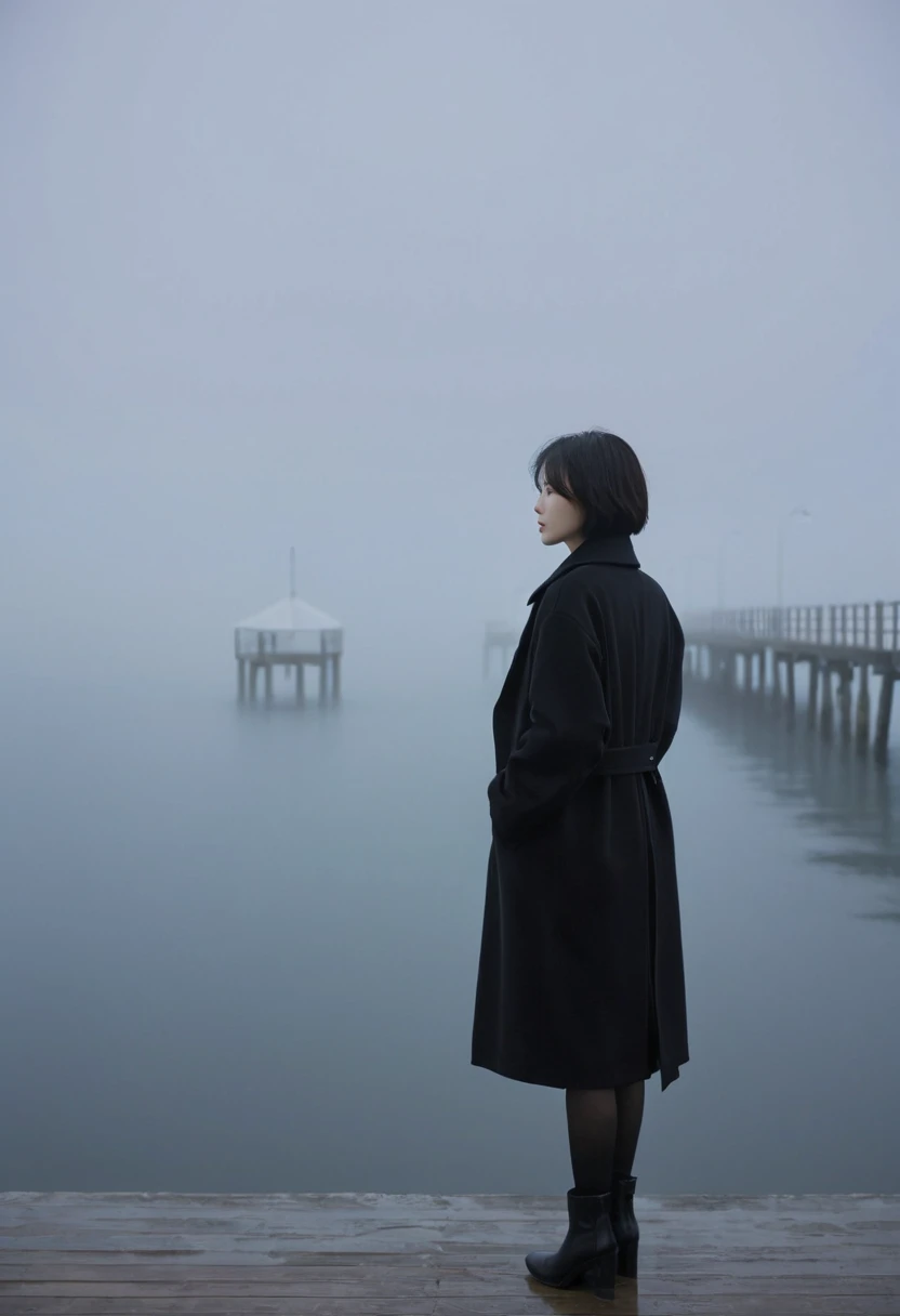 Korean woman,Short hair, black coat, cool,rain,blur,Fog,middle,cool,boring,,pier,only,Coast, The dim light shines in the Fog,and the figure stands in the Fog holding , Faintly visible back view