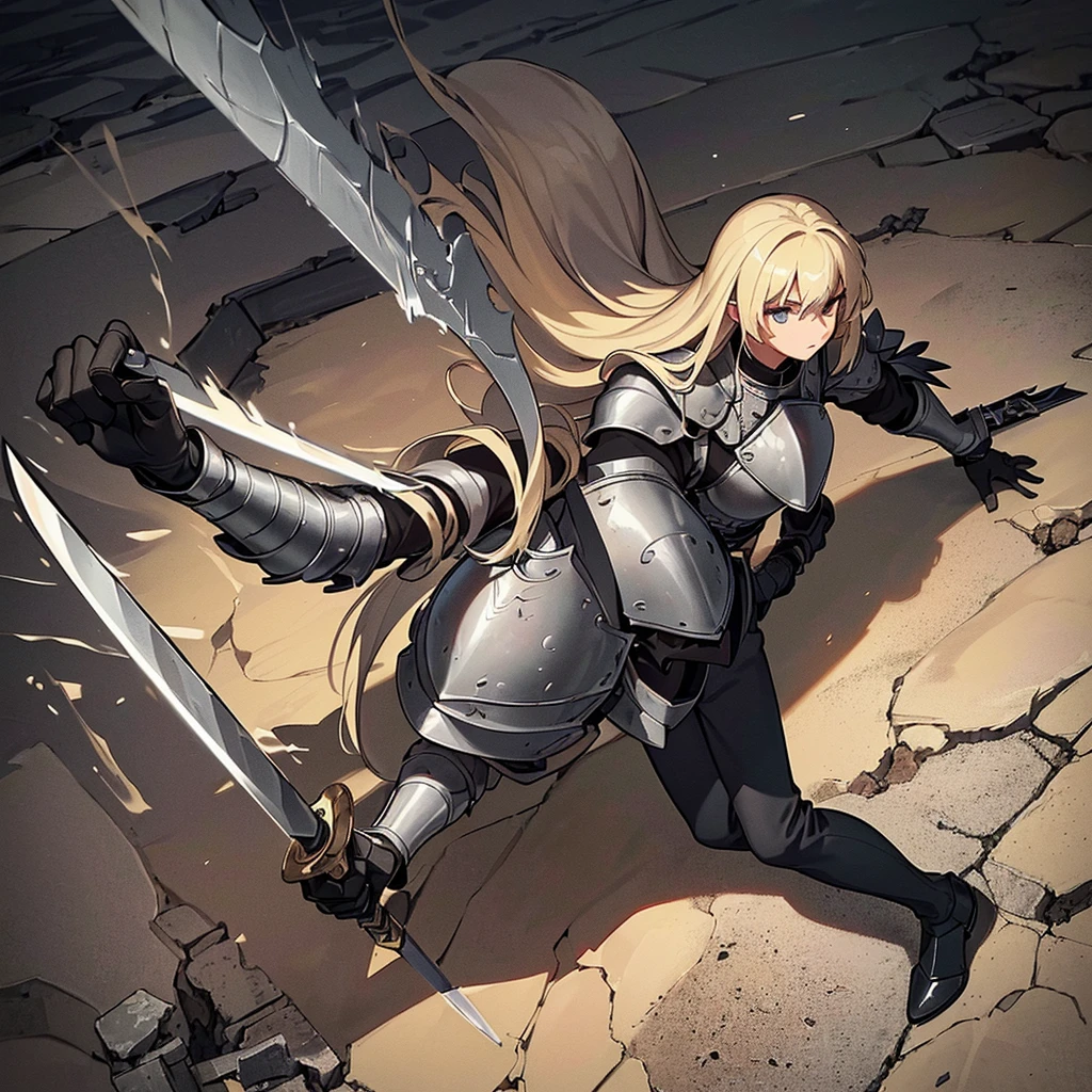 (((Solo)))、Best illustrations、Best Quality、(Full body character concept、detailed)、(((Simple grey armor、Black trousers、Black gloves、woman、18-year-old、Blonde、Long Hair)))、(((Grab the sword、Get Ready)))、(From below)、(Old ruins、desert)、Fall to the floor、(Black, muddy swamp)、From above
