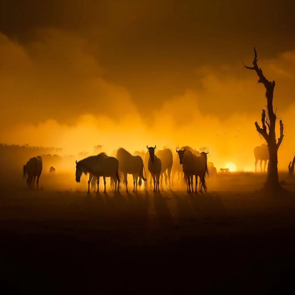 Sunset，Herd of wildebeests among trees and dust, Photographer Art Wolfe, on the african plains, wild animals. atmosphere, The Great Migration, african plains, Award-winning photo”, National Geographic照片graph, National Geographic照片s, Image Source：National Geographic, National Geographic照片, National Geographic照片”, author：Jurgen von Hondberg, Award-winning shots