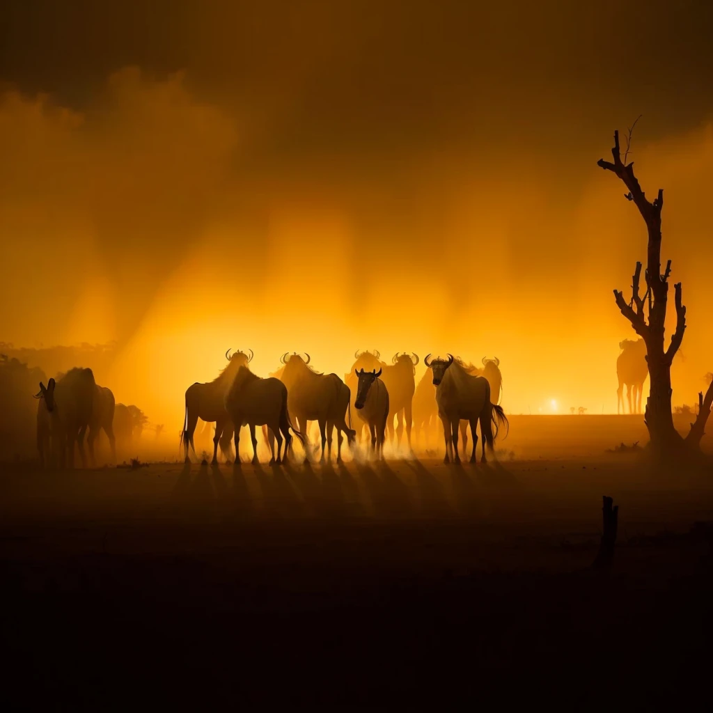 Sunset，Herd of wildebeests among trees and dust, Photographer Art Wolfe, on the african plains, wild animals. atmosphere, The Great Migration, african plains, Award-winning photo”, National Geographic照片graph, National Geographic照片s, Image Source：National Geographic, National Geographic照片, National Geographic照片”, author：Jurgen von Hondberg, Award-winning shots