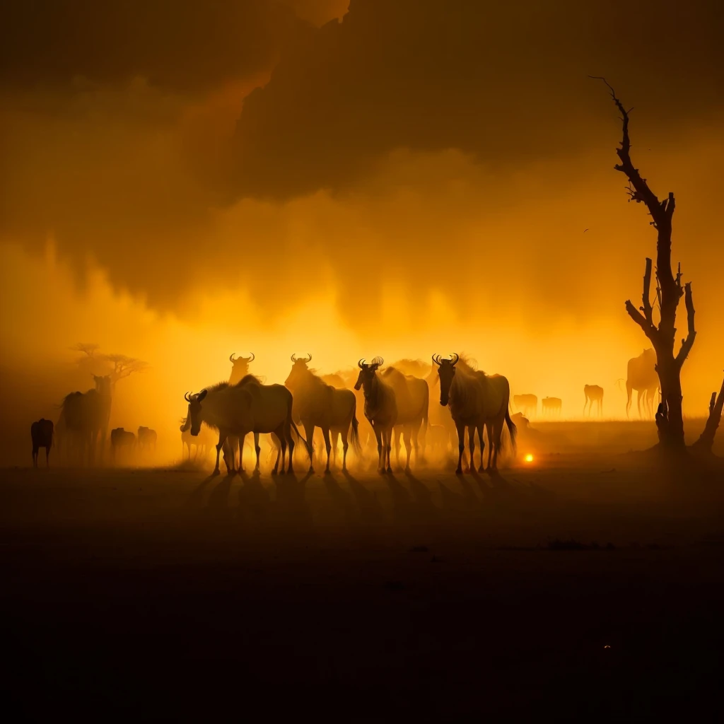 Sunset,Herd of wildebeests among trees and dust, Photographer Art Wolfe, on the african plains, wild animals. atmosphere, The Great Migration, african plains, Award-winning photo”, National Geographic照片graph, National Geographic照片s, Image Source:National Geographic, National Geographic照片, National Geographic照片”, author:Jurgen von Hondberg, Award-winning shots